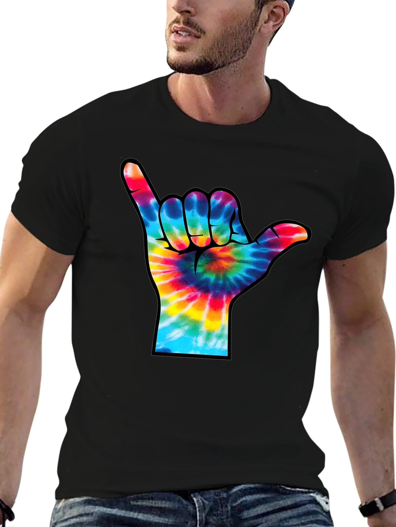 Tie-Dye Shaka Sign Black T-Shirt