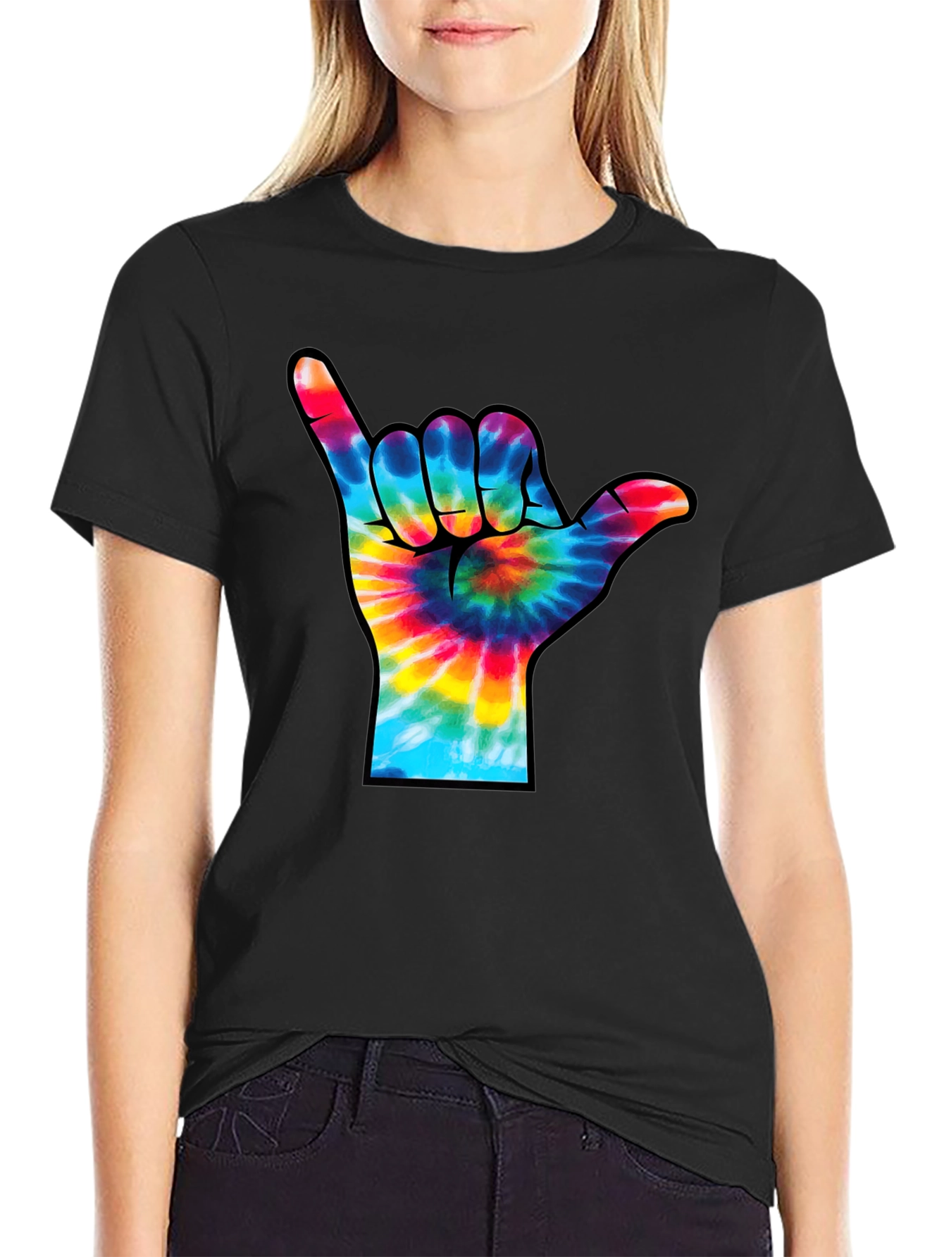 Tie-Dye Shaka Sign Black T-Shirt