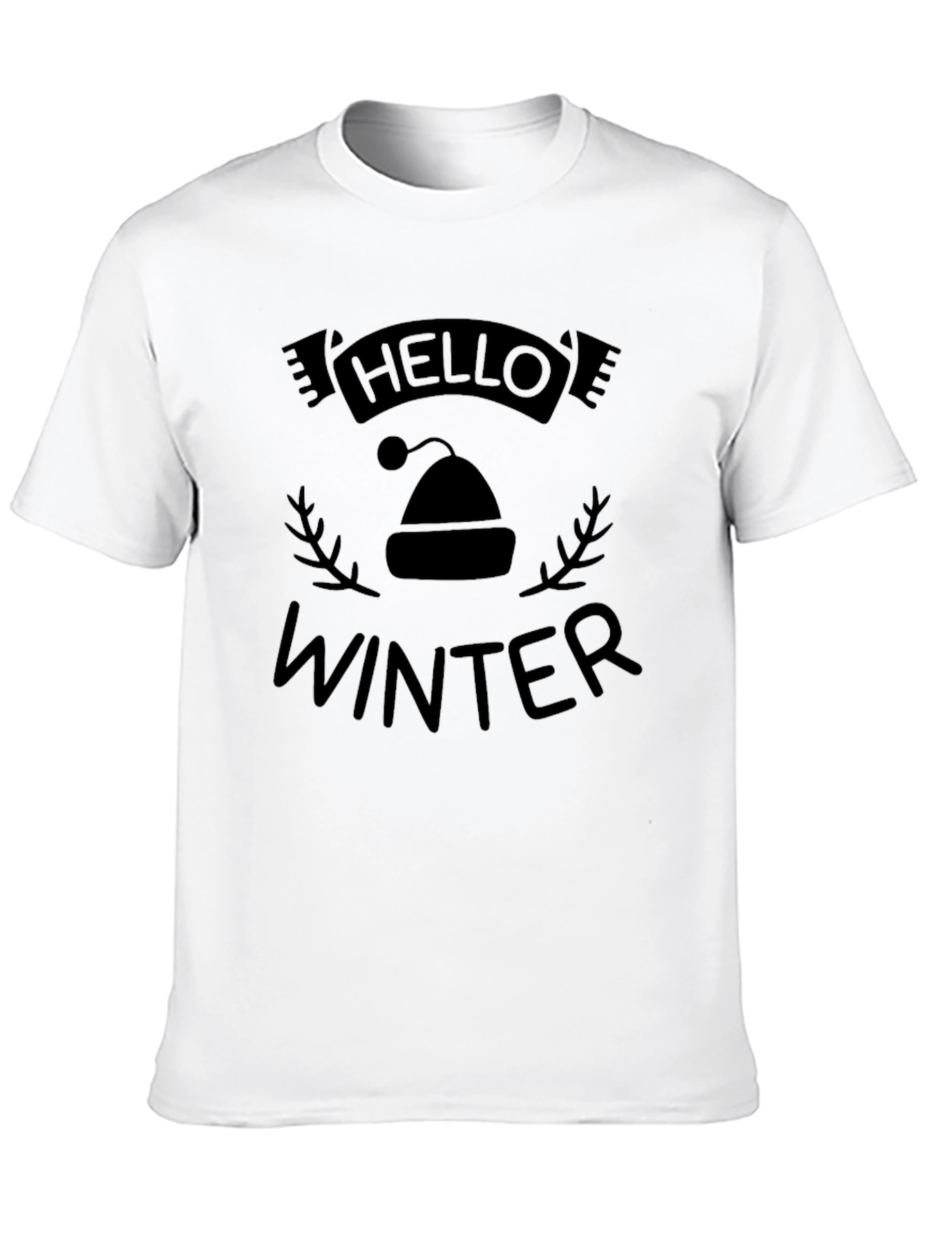 Hello Winter Graphic Print Crew Neck Tee - Black