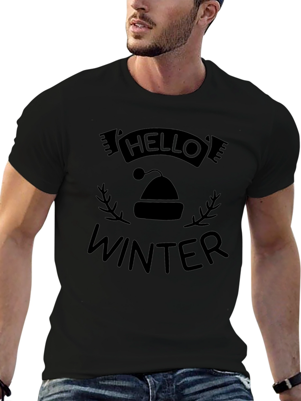 Hello Winter Graphic Print Crew Neck Tee - Black