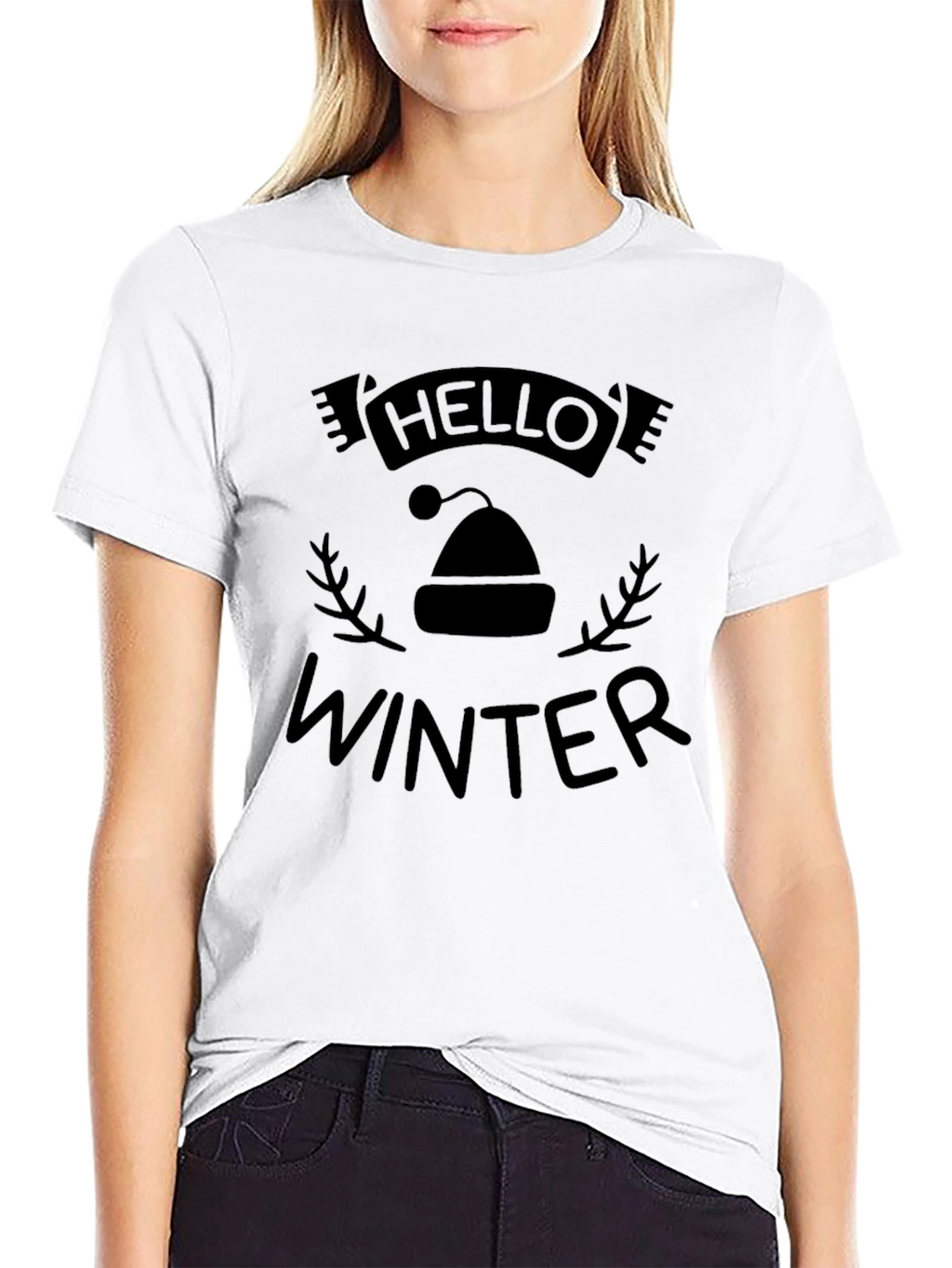 Hello Winter Graphic Print Crew Neck Tee - Black