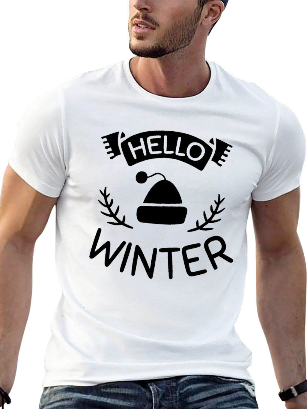 Hello Winter Graphic Print Crew Neck Tee - Black