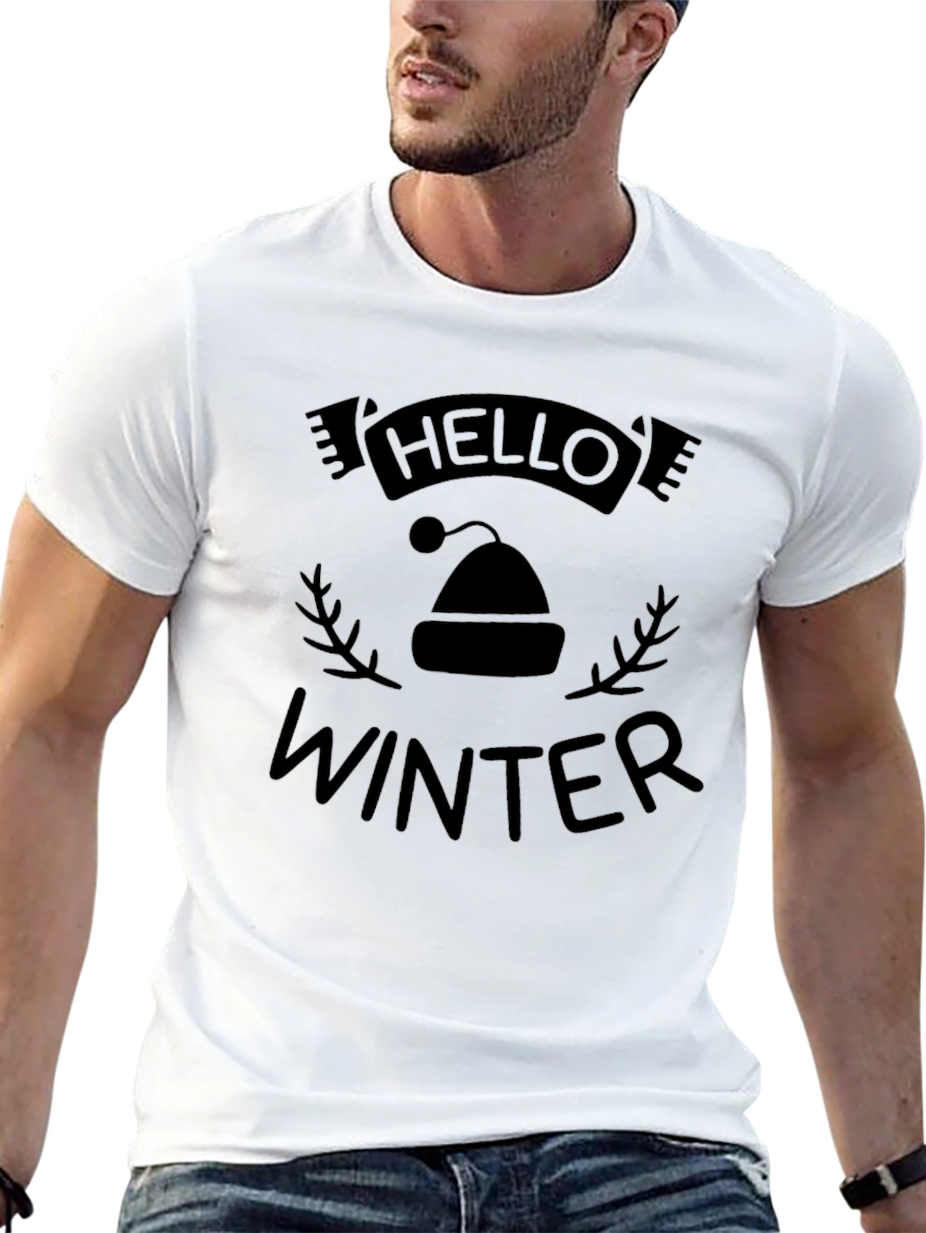 Hello Winter Graphic Print Crew Neck Tee - Black
