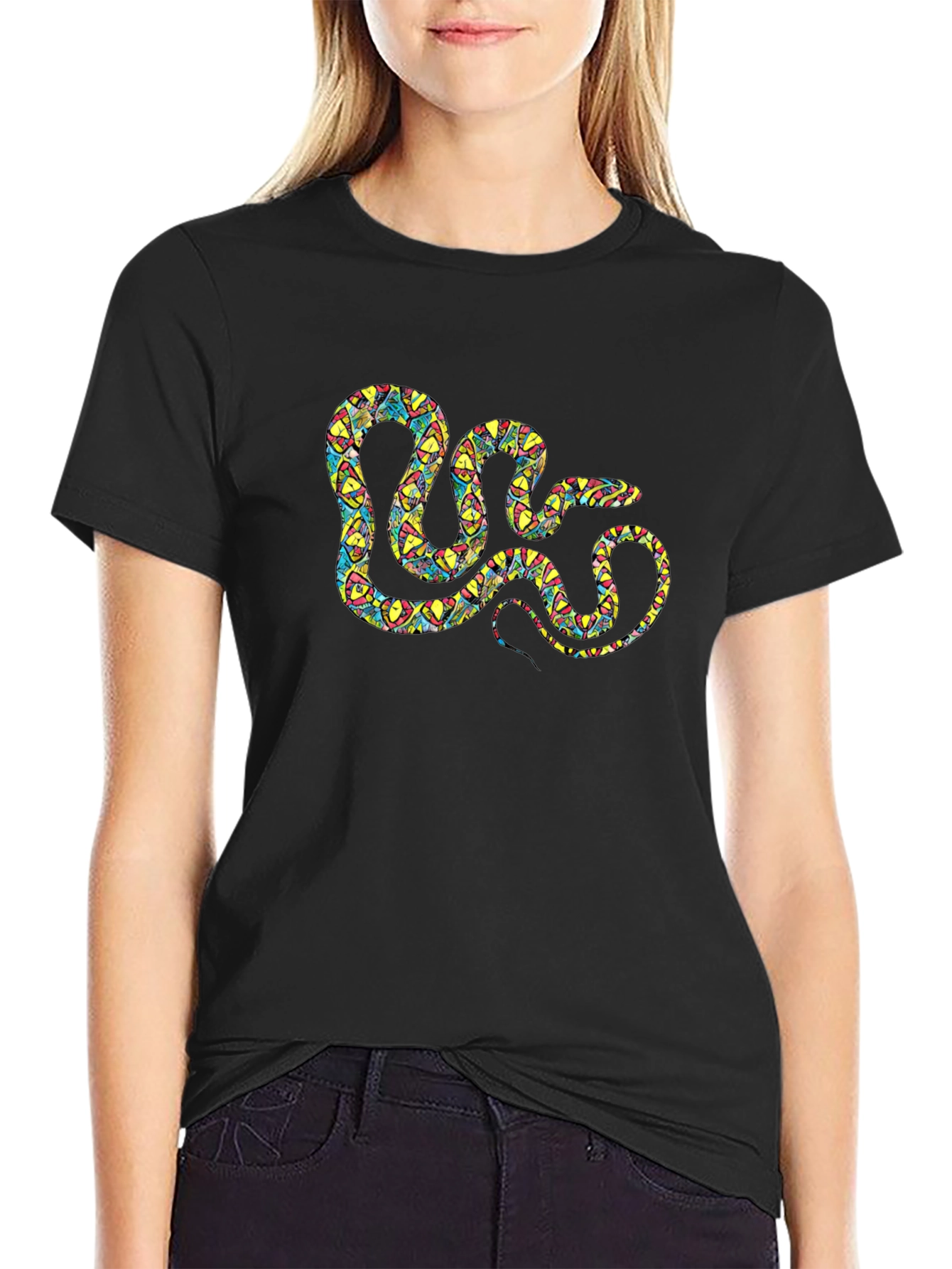 Patterned Snake Graphic Black T-Shirt