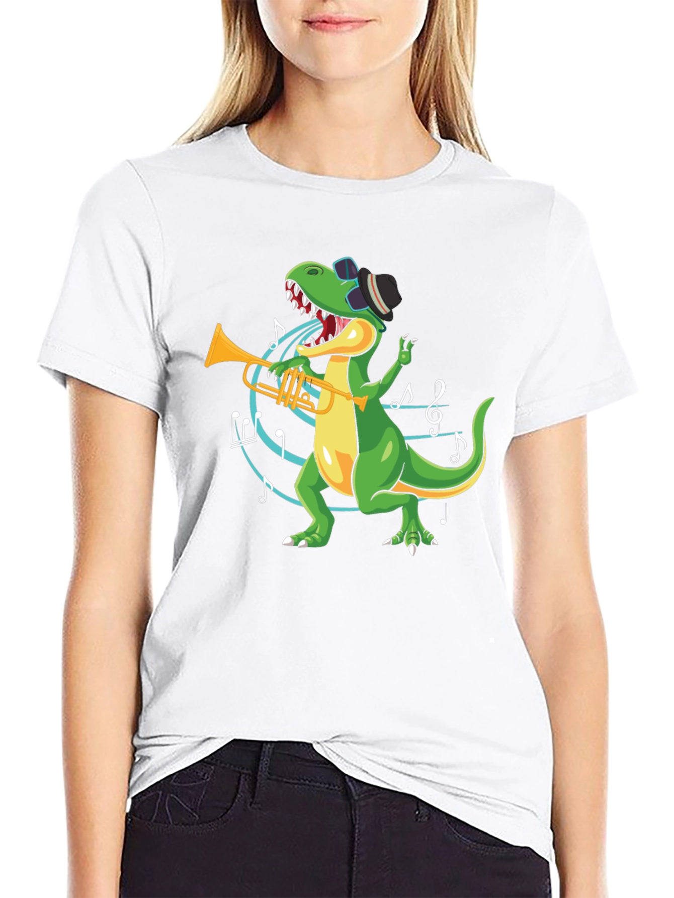 Dino Trumpet Player Black T-Shirt