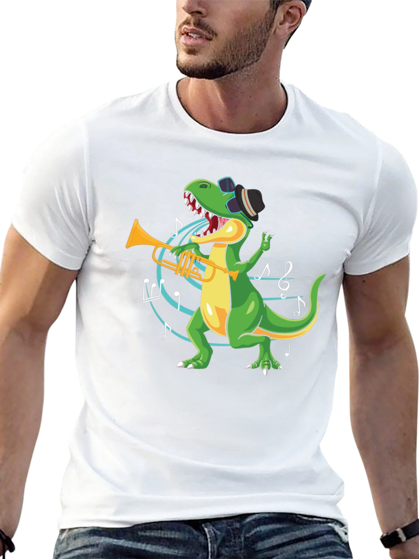 Dino Trumpet Player Black T-Shirt