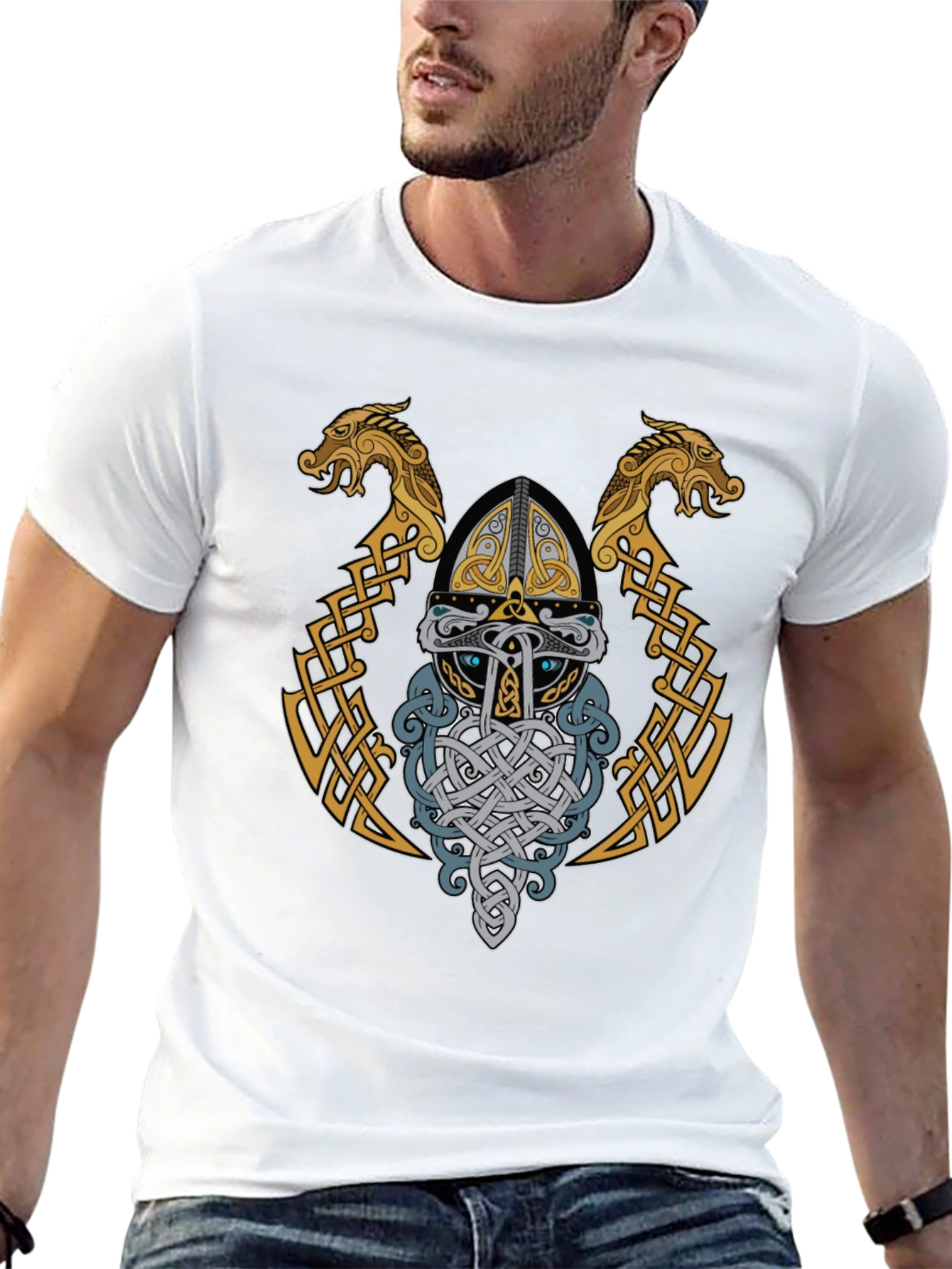 Viking Helmet Graphic T-Shirt - Norse Mythology Art