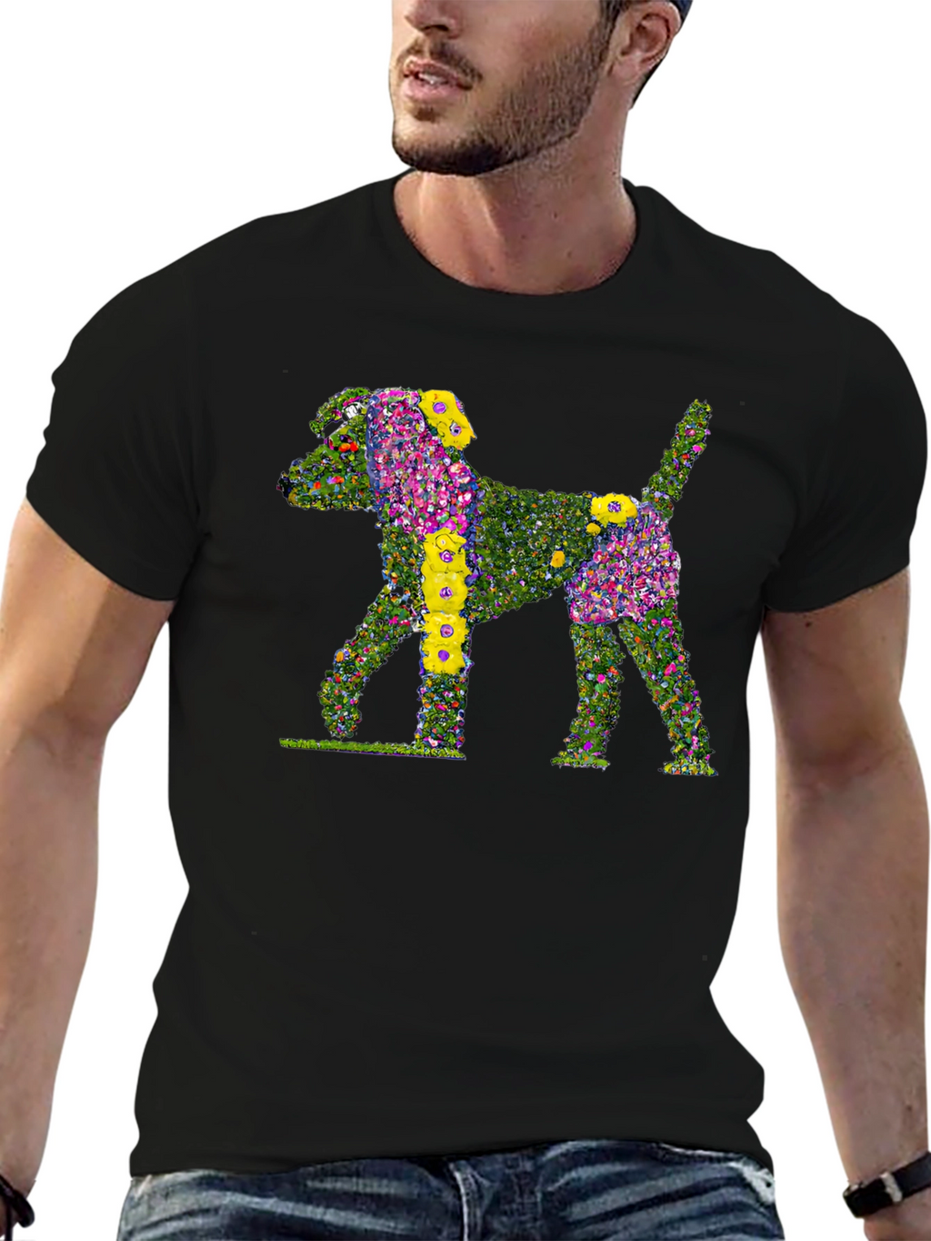 Floral Dog Print Black T-Shirt