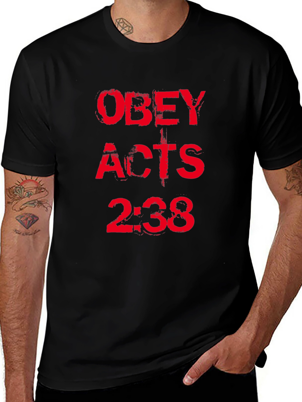 Obey Acts 2:38 Black T-Shirt Christian Religious Graphic Tee