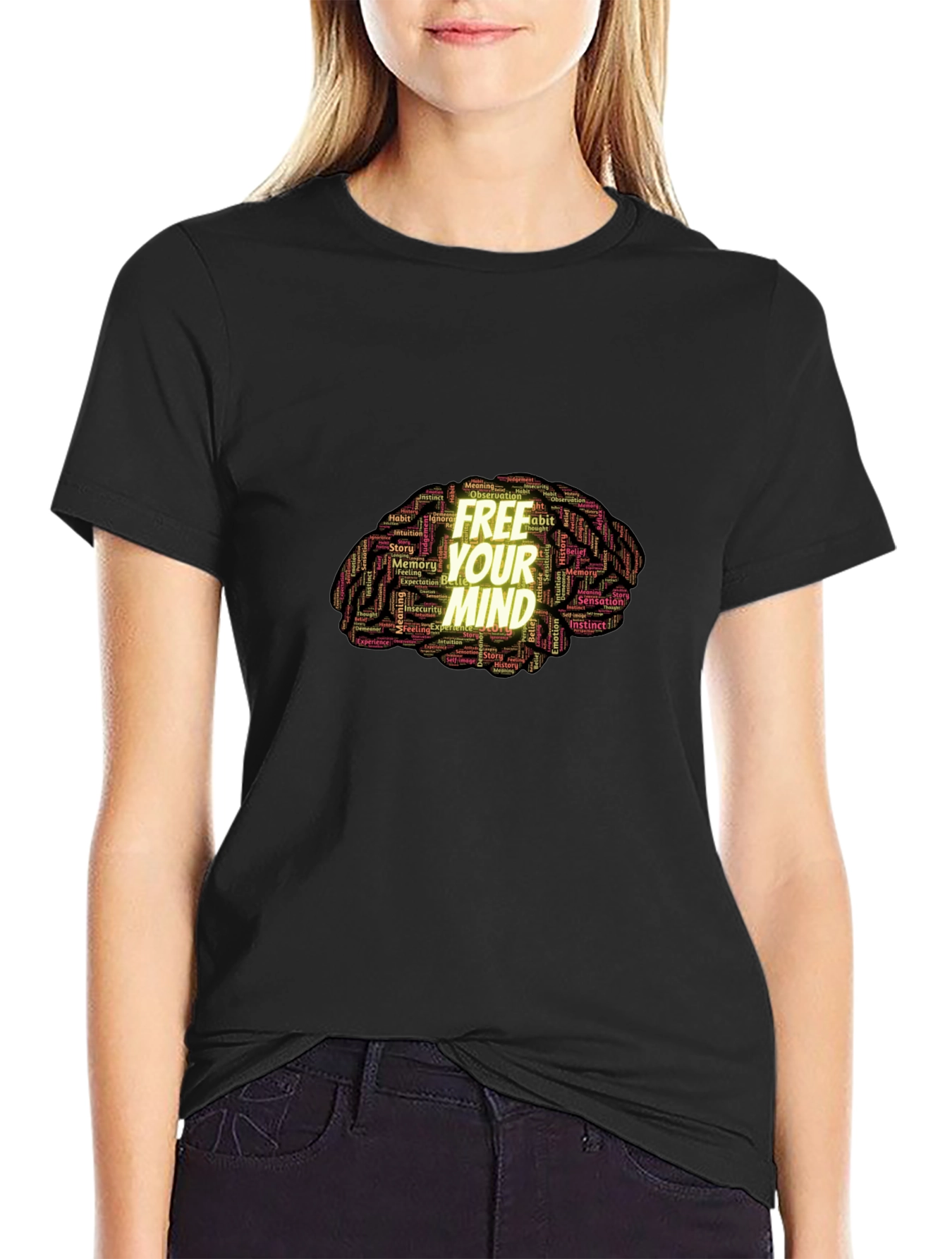 Free Your Mind Brain Word Art Black T-Shirt