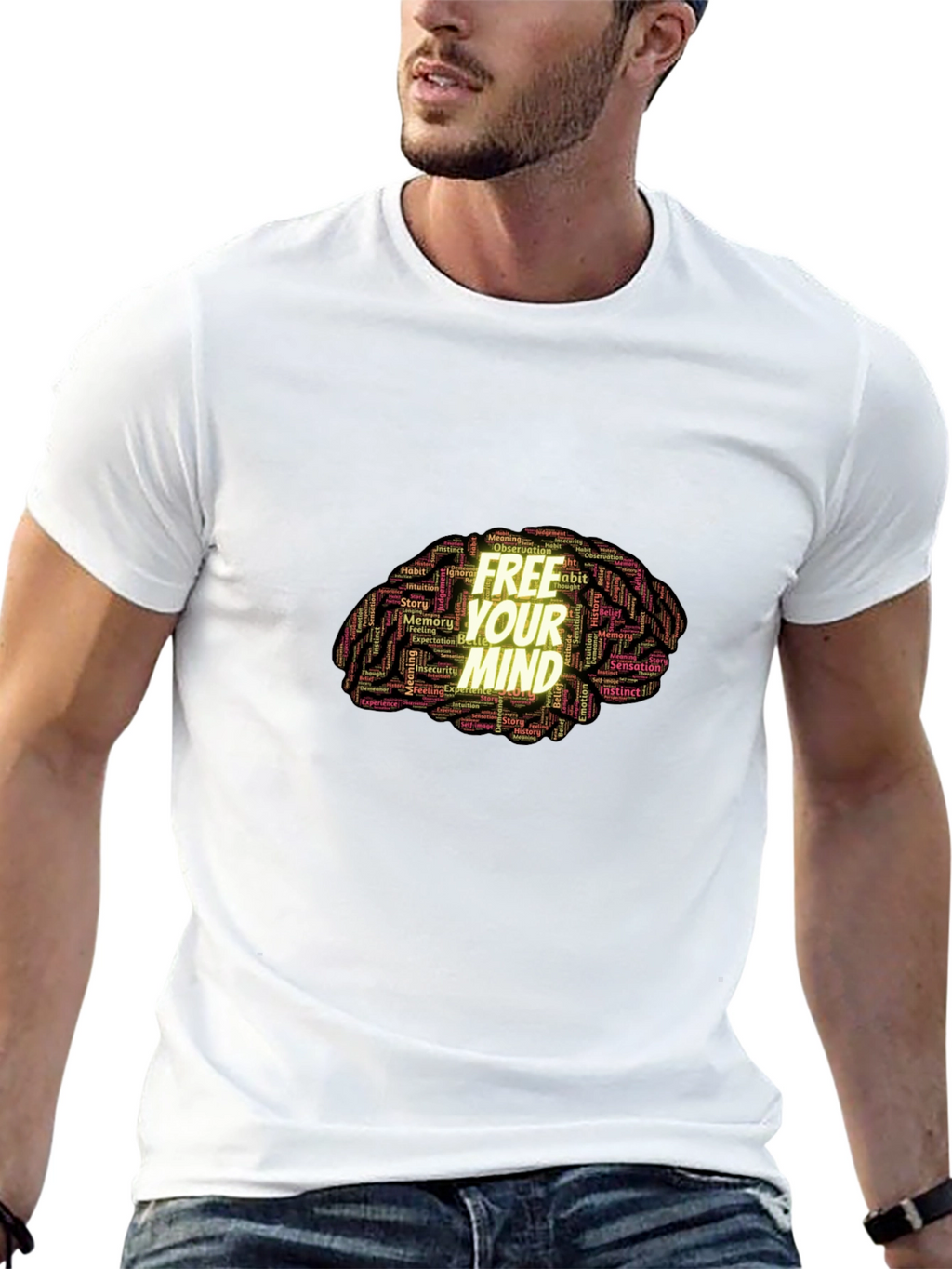 Free Your Mind Brain Word Art Black T-Shirt