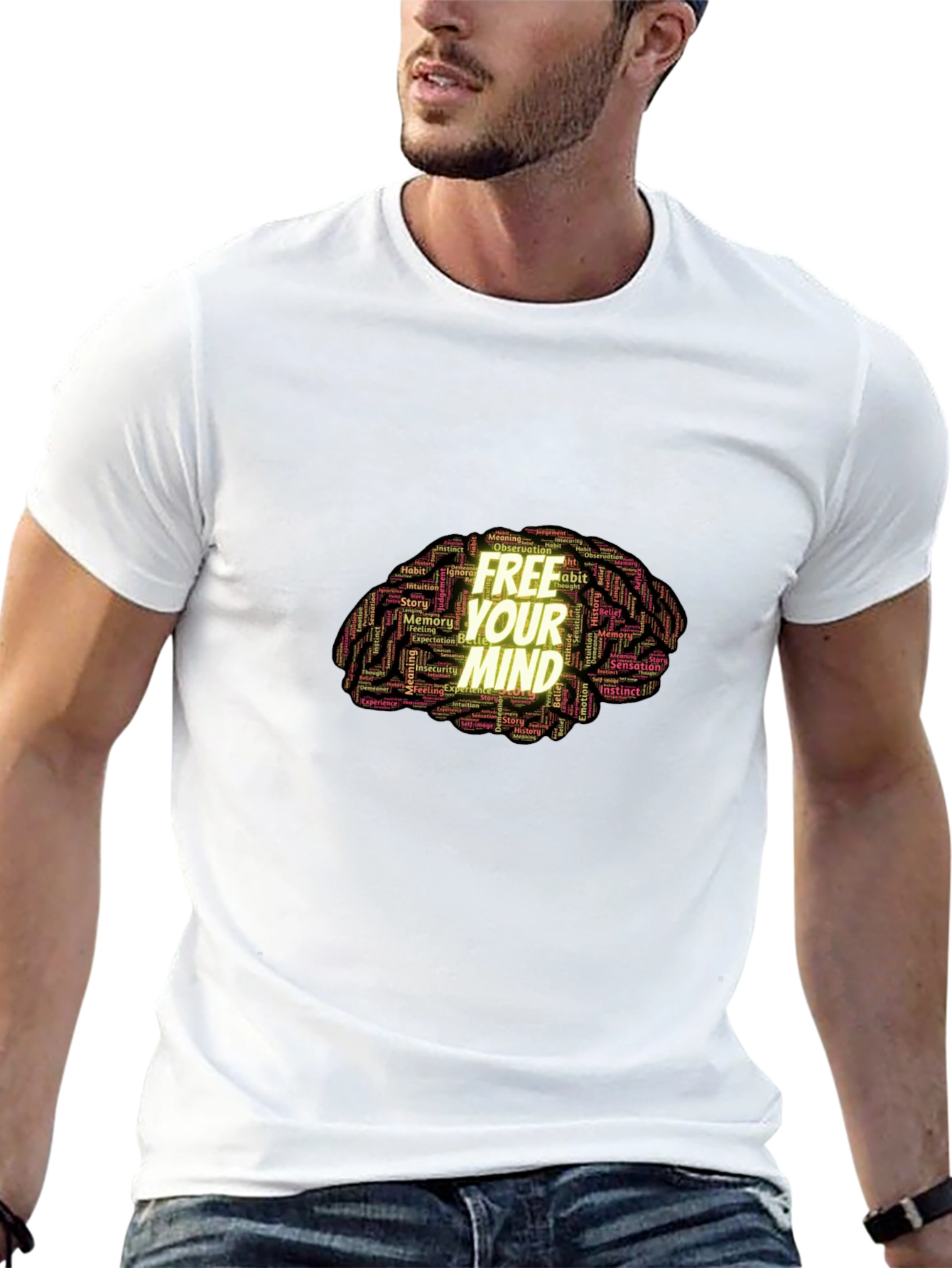 Free Your Mind Brain Word Art Black T-Shirt