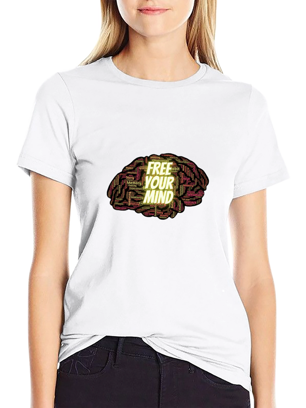 Free Your Mind Brain Word Art Black T-Shirt
