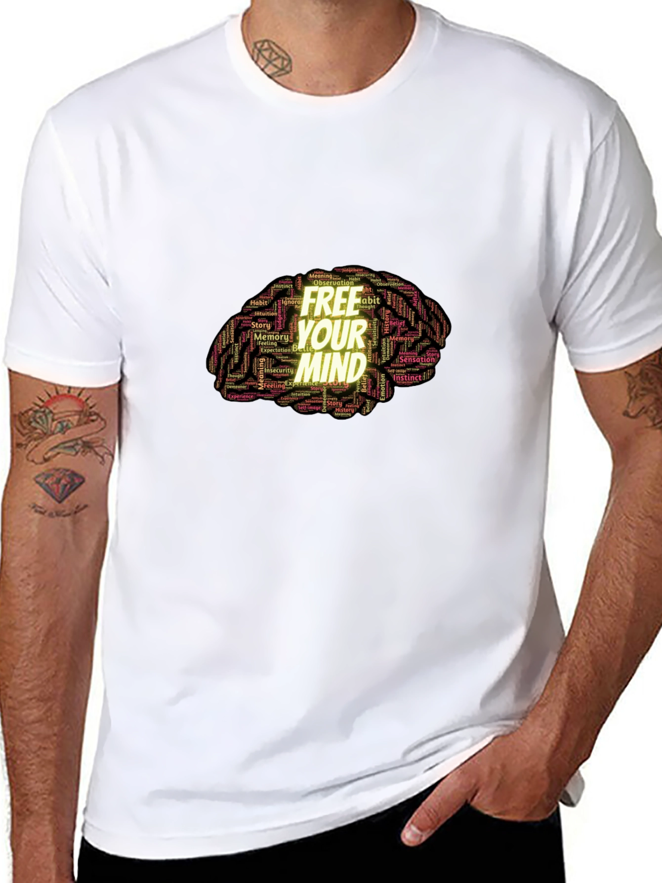 Free Your Mind Brain Word Art Black T-Shirt