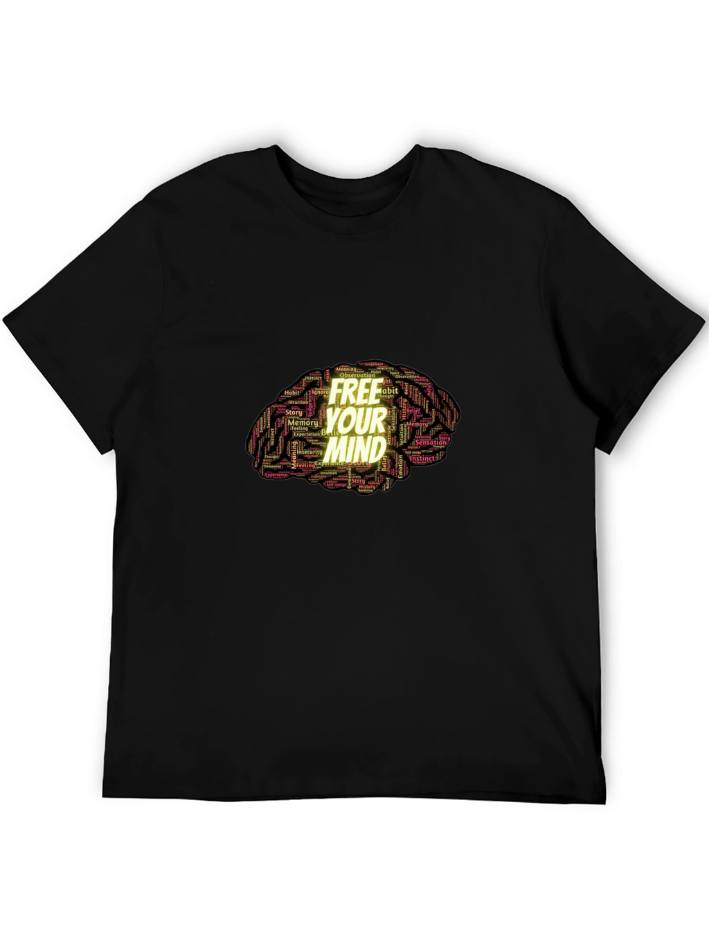 Free Your Mind Brain Word Art Black T-Shirt