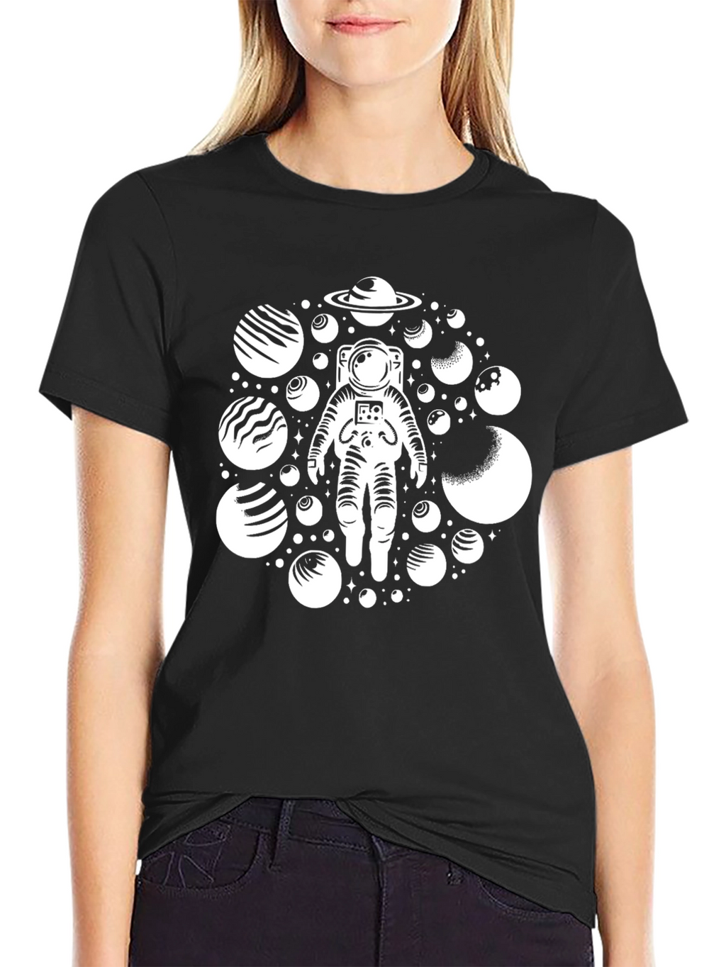 Astronaut Planets Black Graphic T-Shirt