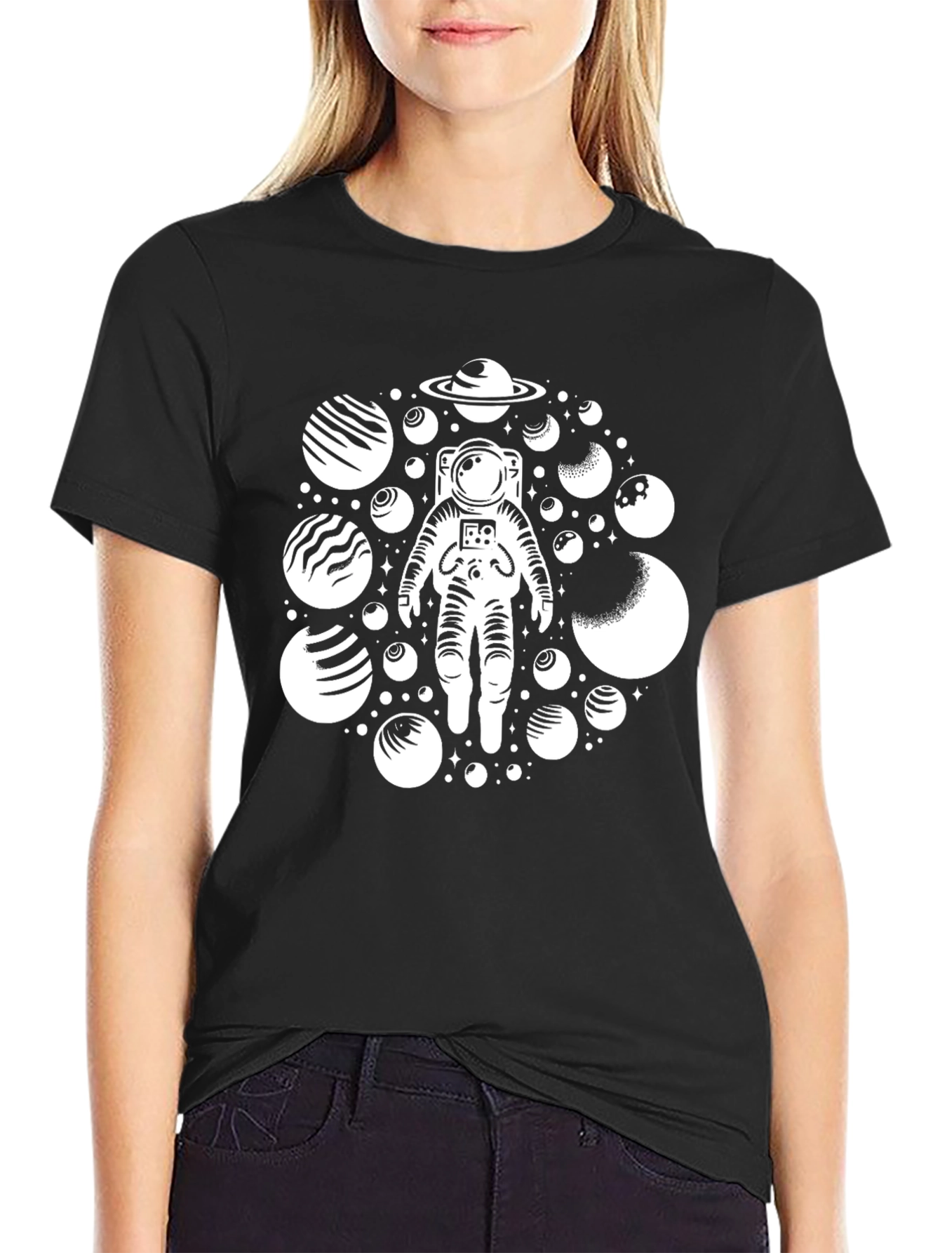 Astronaut Planets Black Graphic T-Shirt