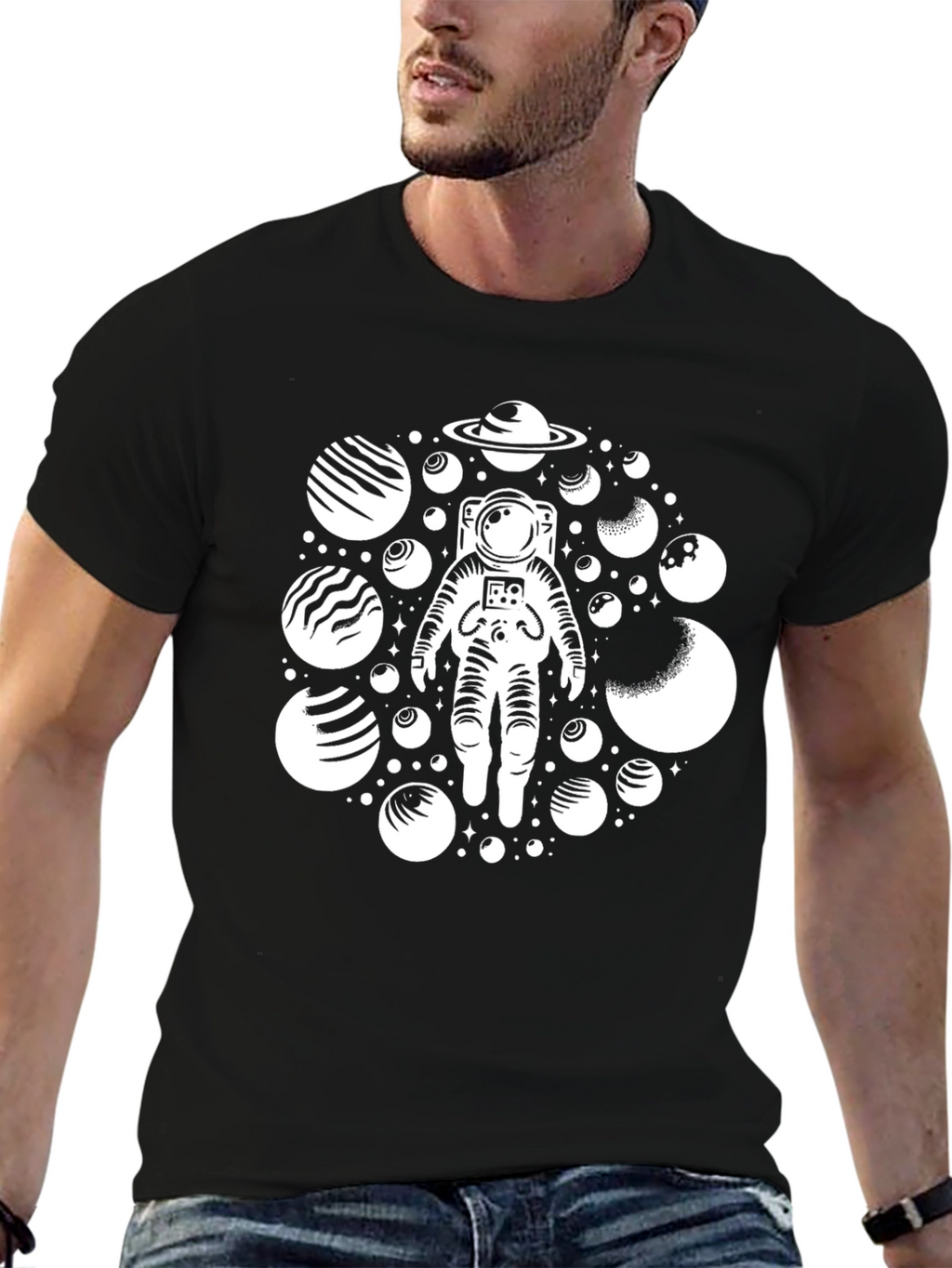Astronaut Planets Black Graphic T-Shirt