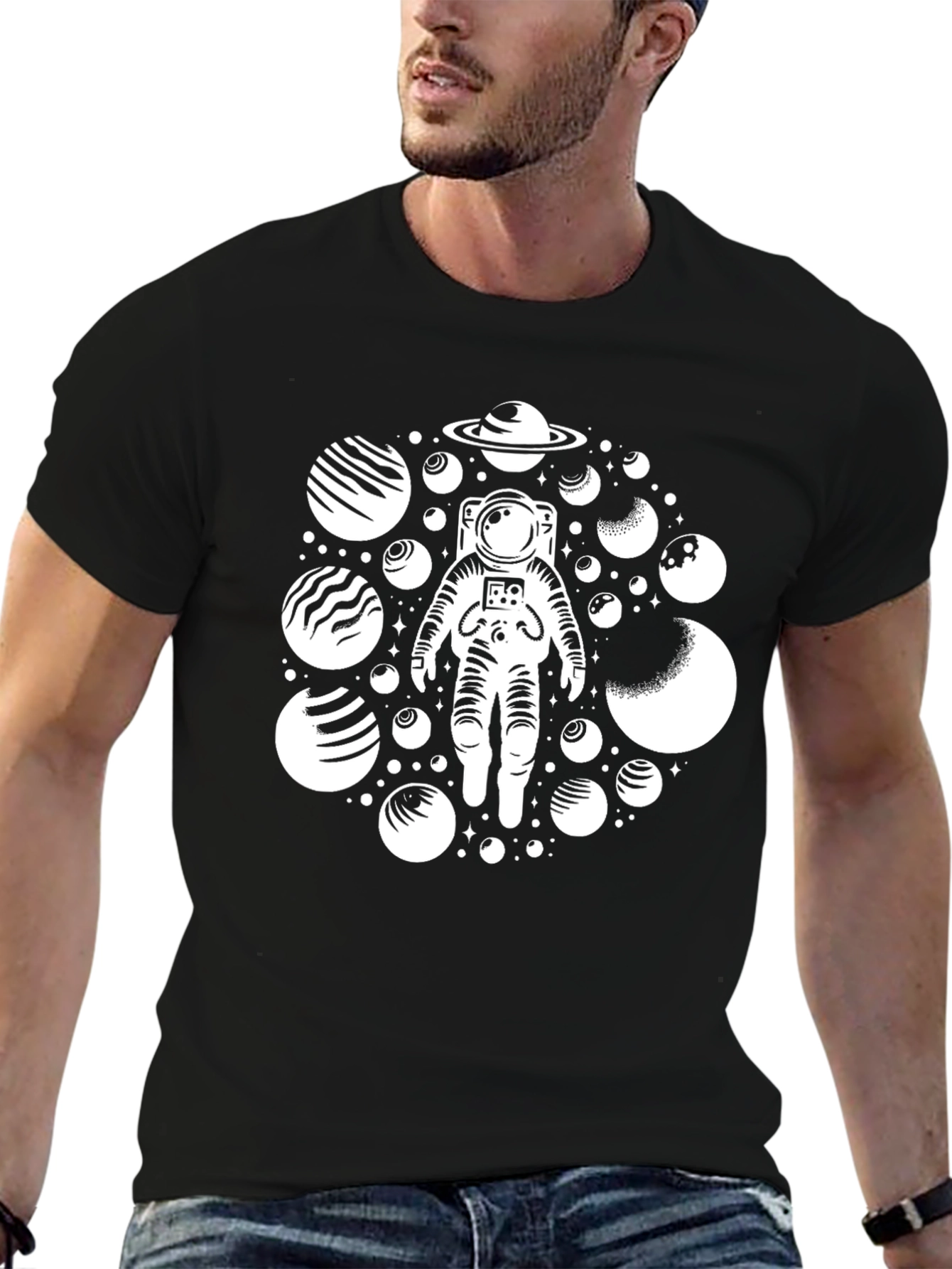 Astronaut Planets Black Graphic T-Shirt