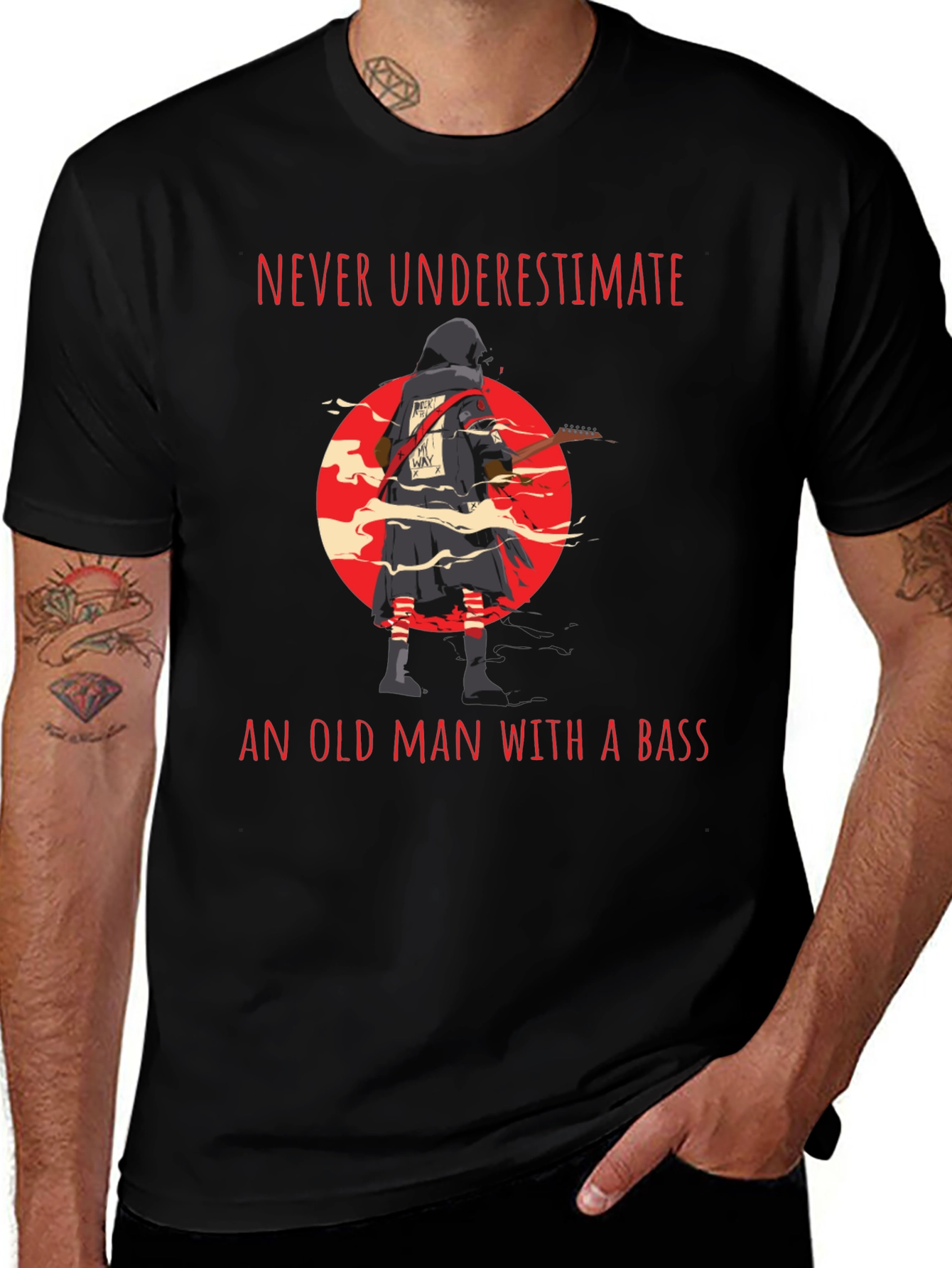 Never Underestimate Old Man with Bass Guitar T-Shirt