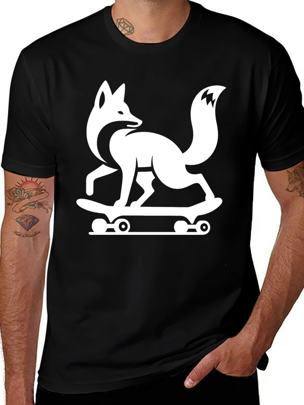Cool Fox Skateboard Graphic Tee - Black Cotton