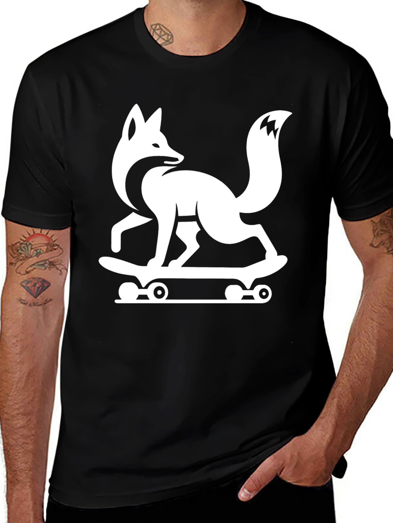 Cool Fox Skateboard Graphic Tee - Black Cotton