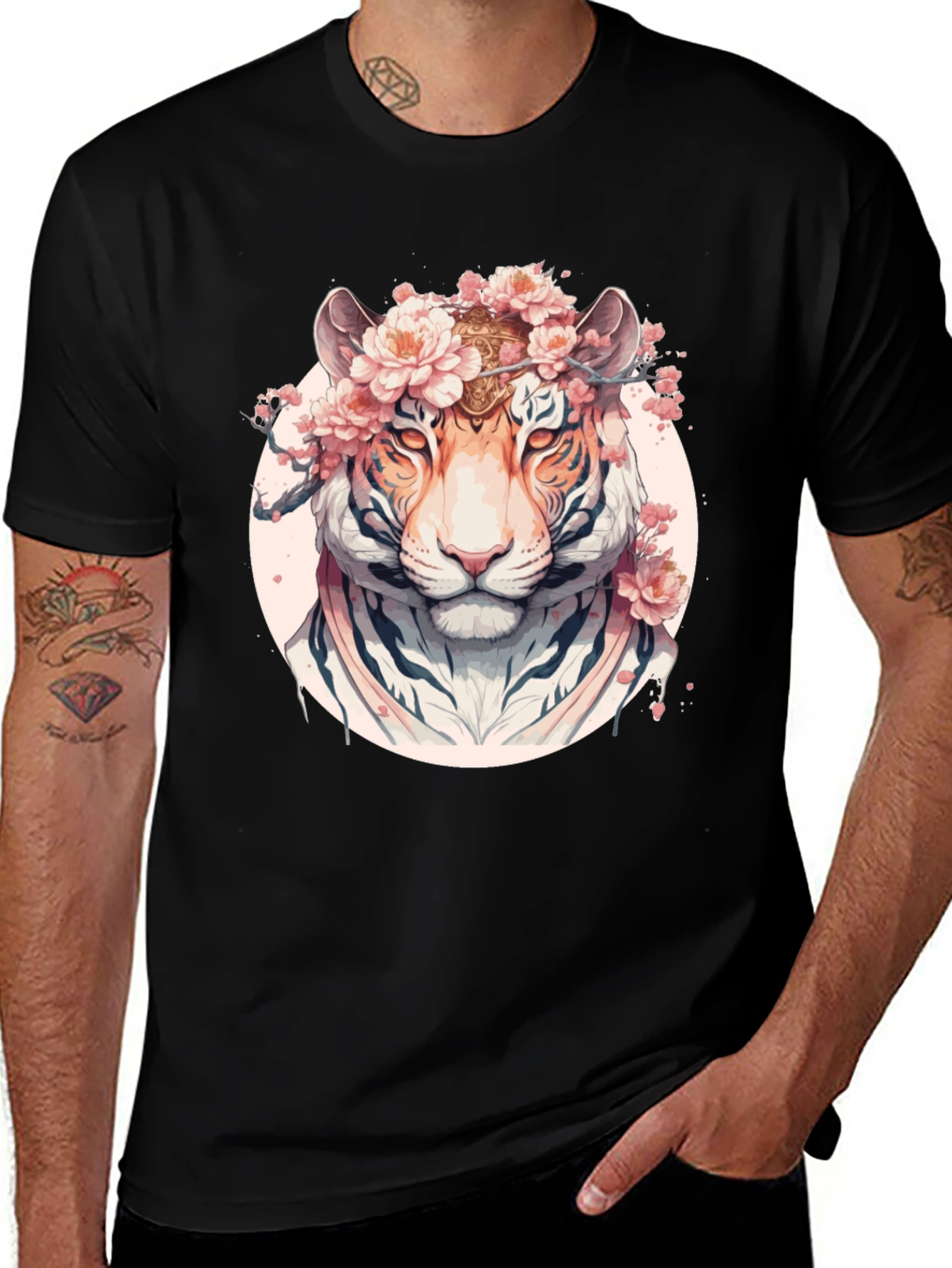 Floral Tiger Graphic Black T-Shirt