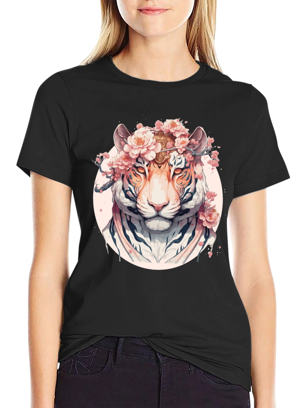 Floral Tiger Graphic Black T-Shirt
