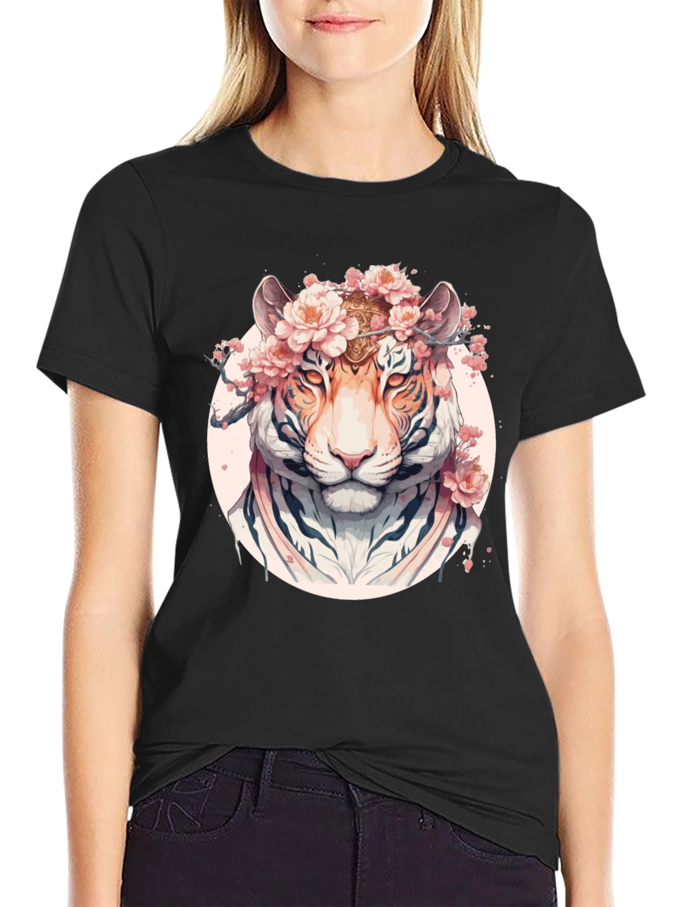 Floral Tiger Graphic Black T-Shirt