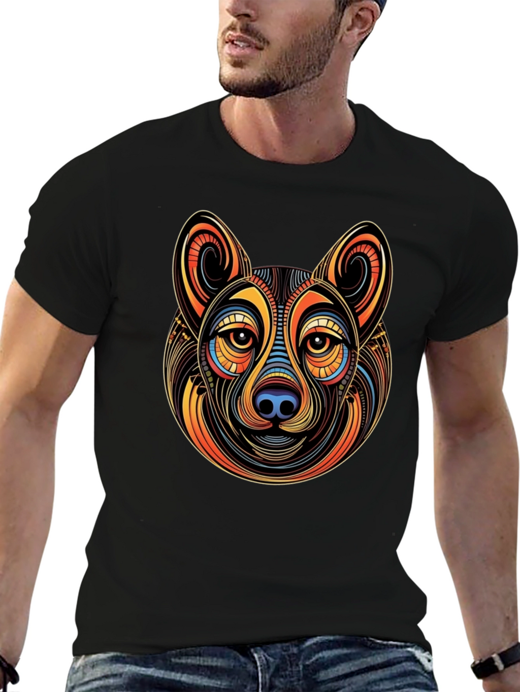 Abstract Dog Graphic Mens Black T-Shirt