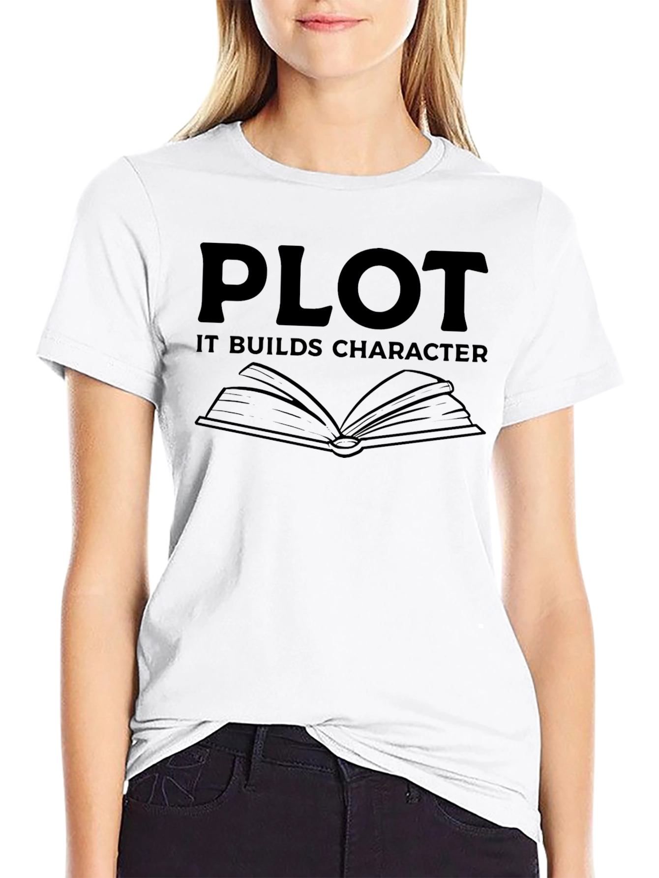 Plot It Builds Character Black Graphic Novelty T-Shirt