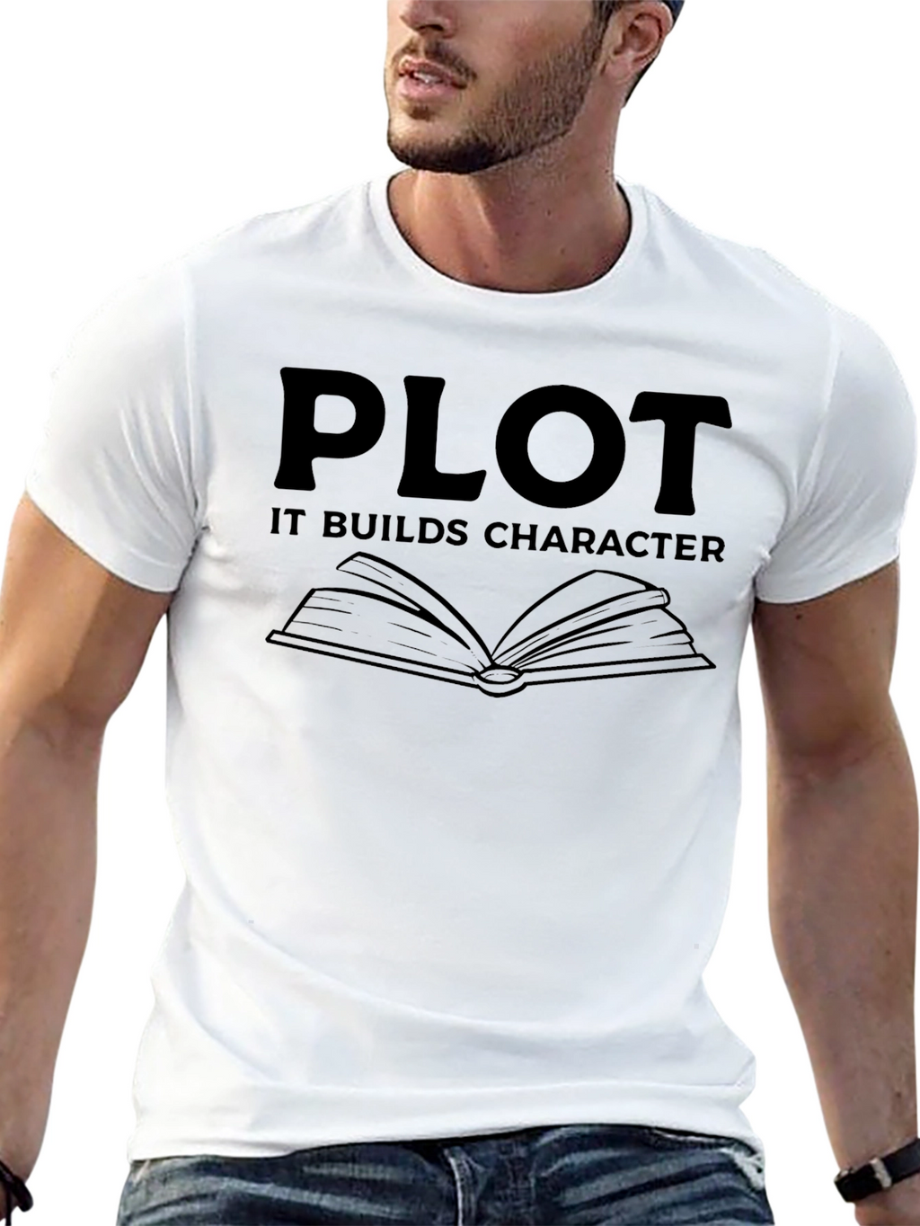 Plot It Builds Character Black Graphic Novelty T-Shirt