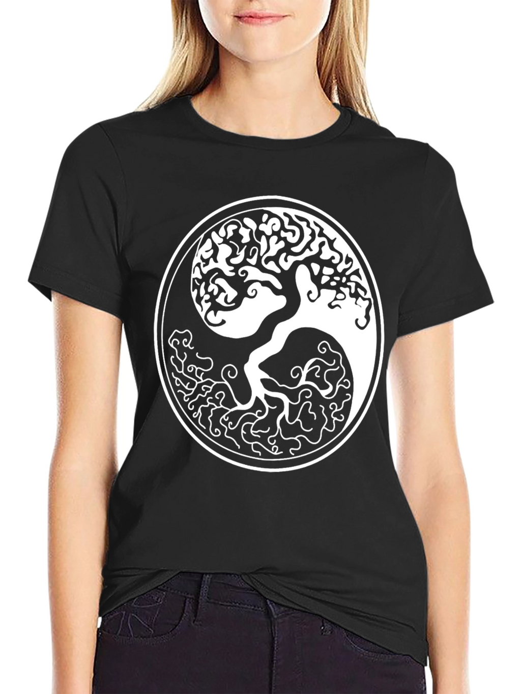Yin Yang Tree Graphic T-Shirt - Stylish Black Tee