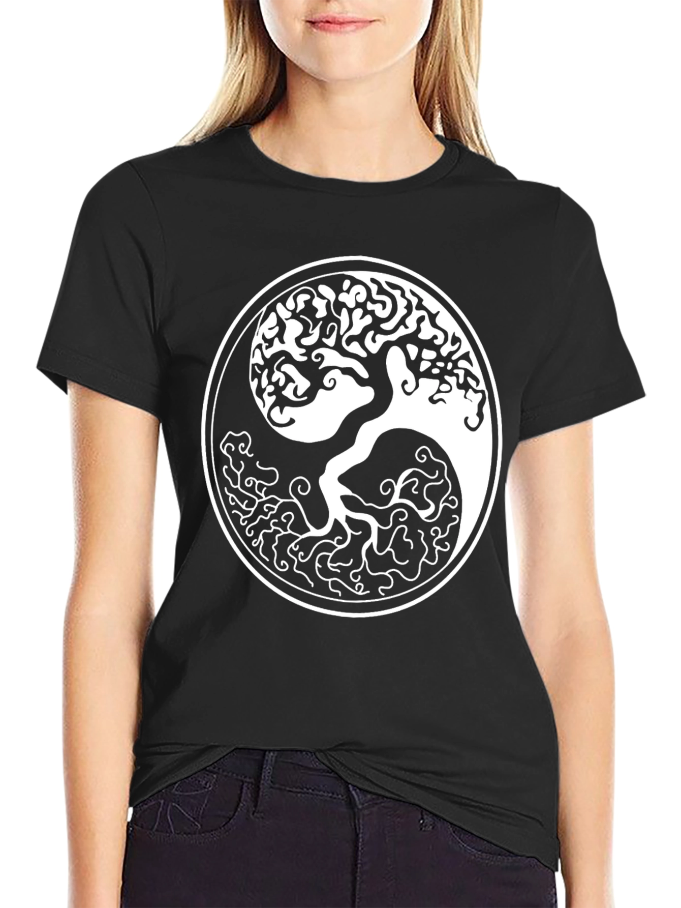 Yin Yang Tree Graphic T-Shirt - Stylish Black Tee