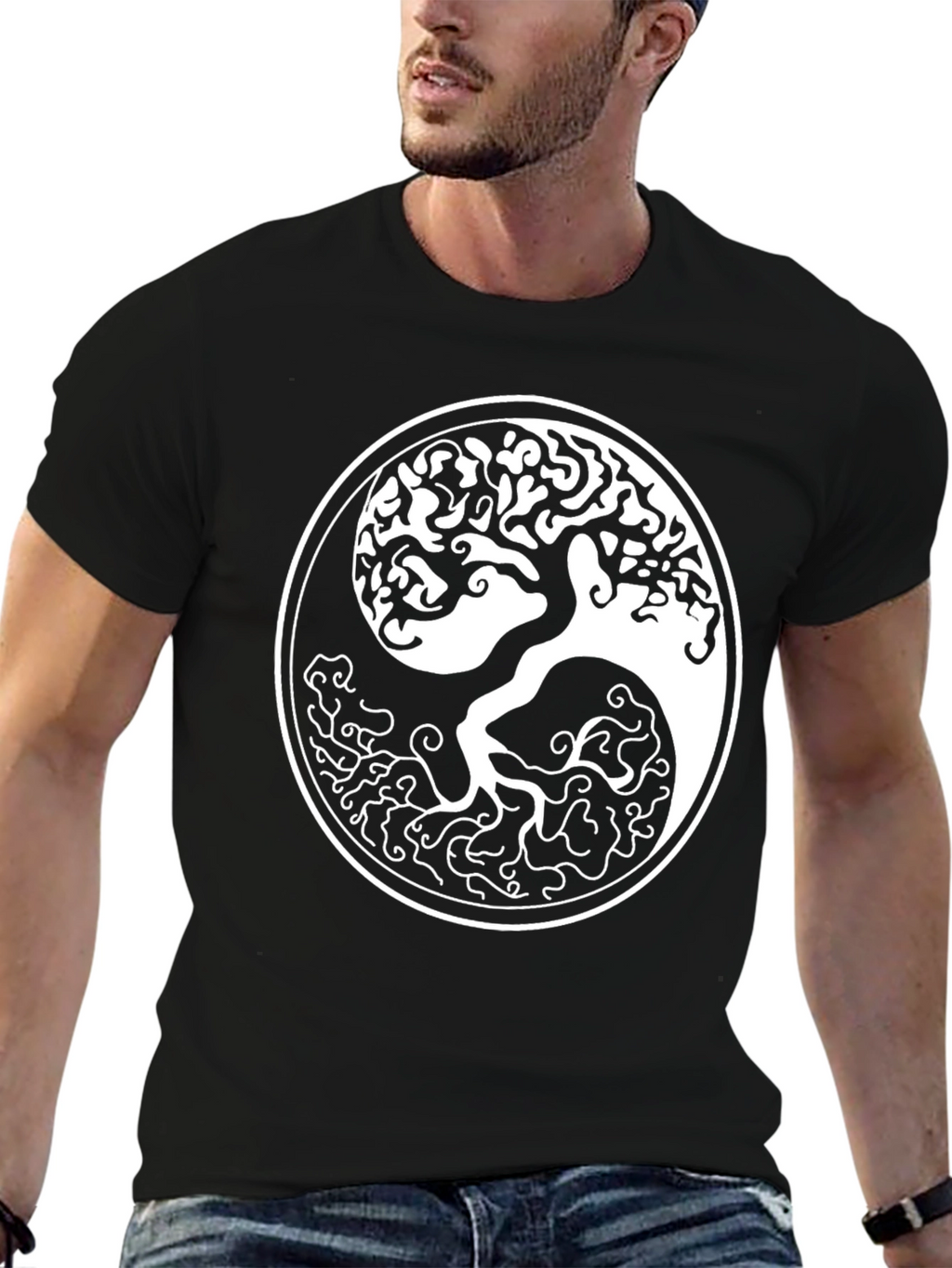 Yin Yang Tree Graphic T-Shirt - Stylish Black Tee