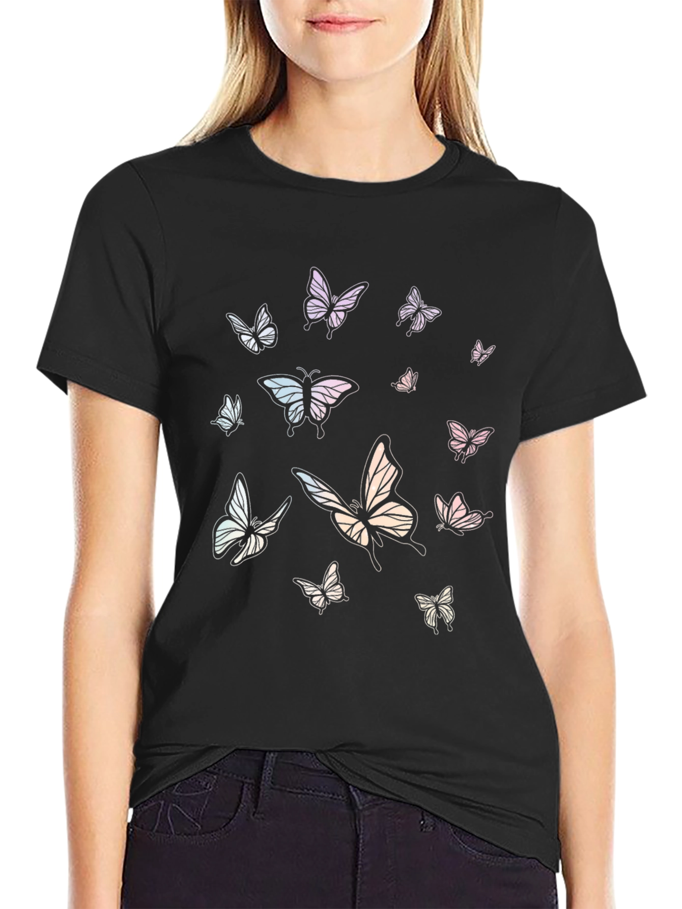 Butterfly Print Black Tee Shirt