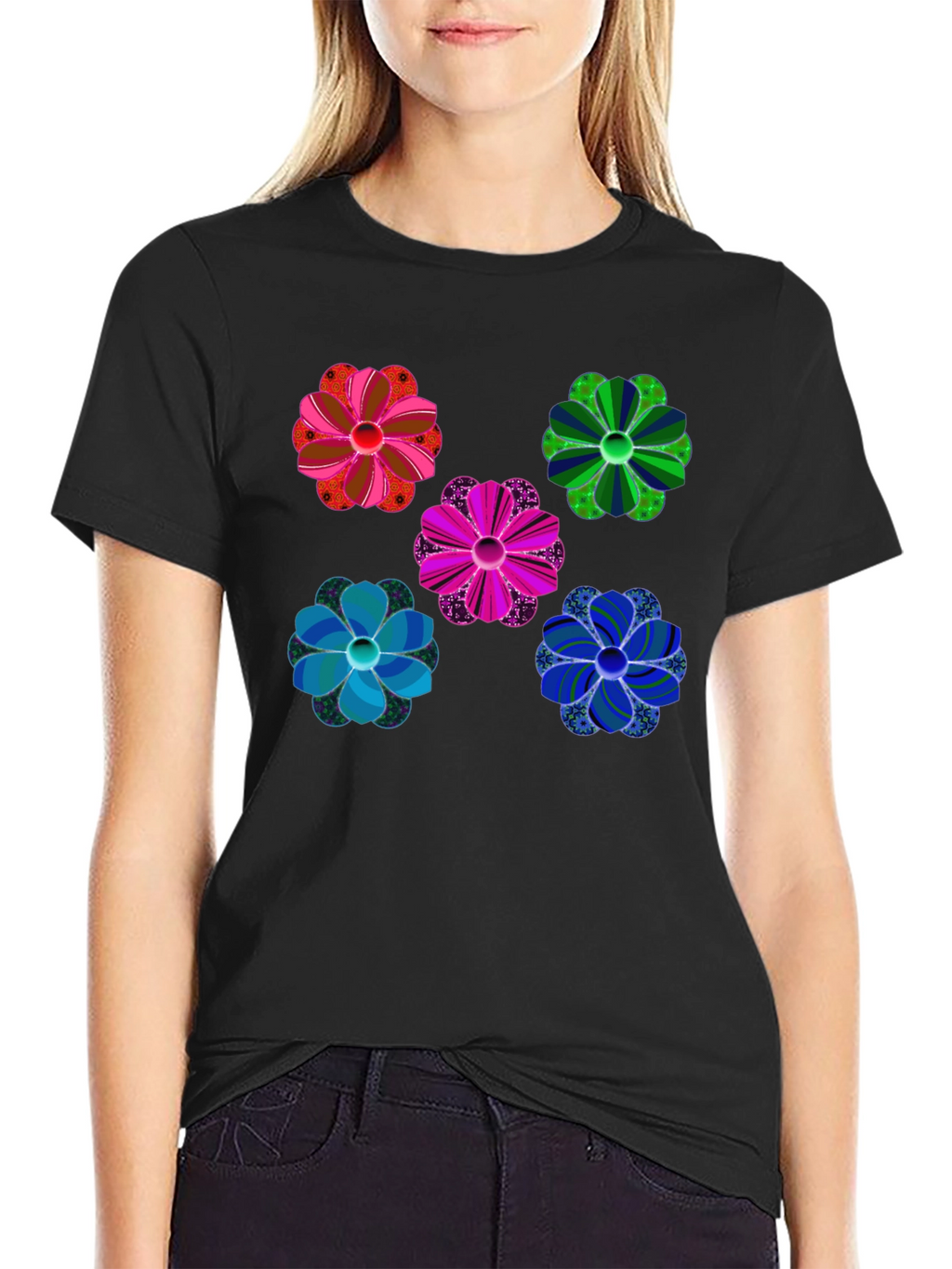 Floral Pattern Black T-Shirt Unique Design