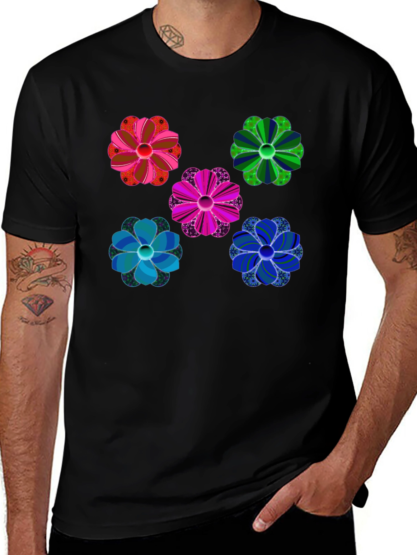 Floral Pattern Black T-Shirt Unique Design