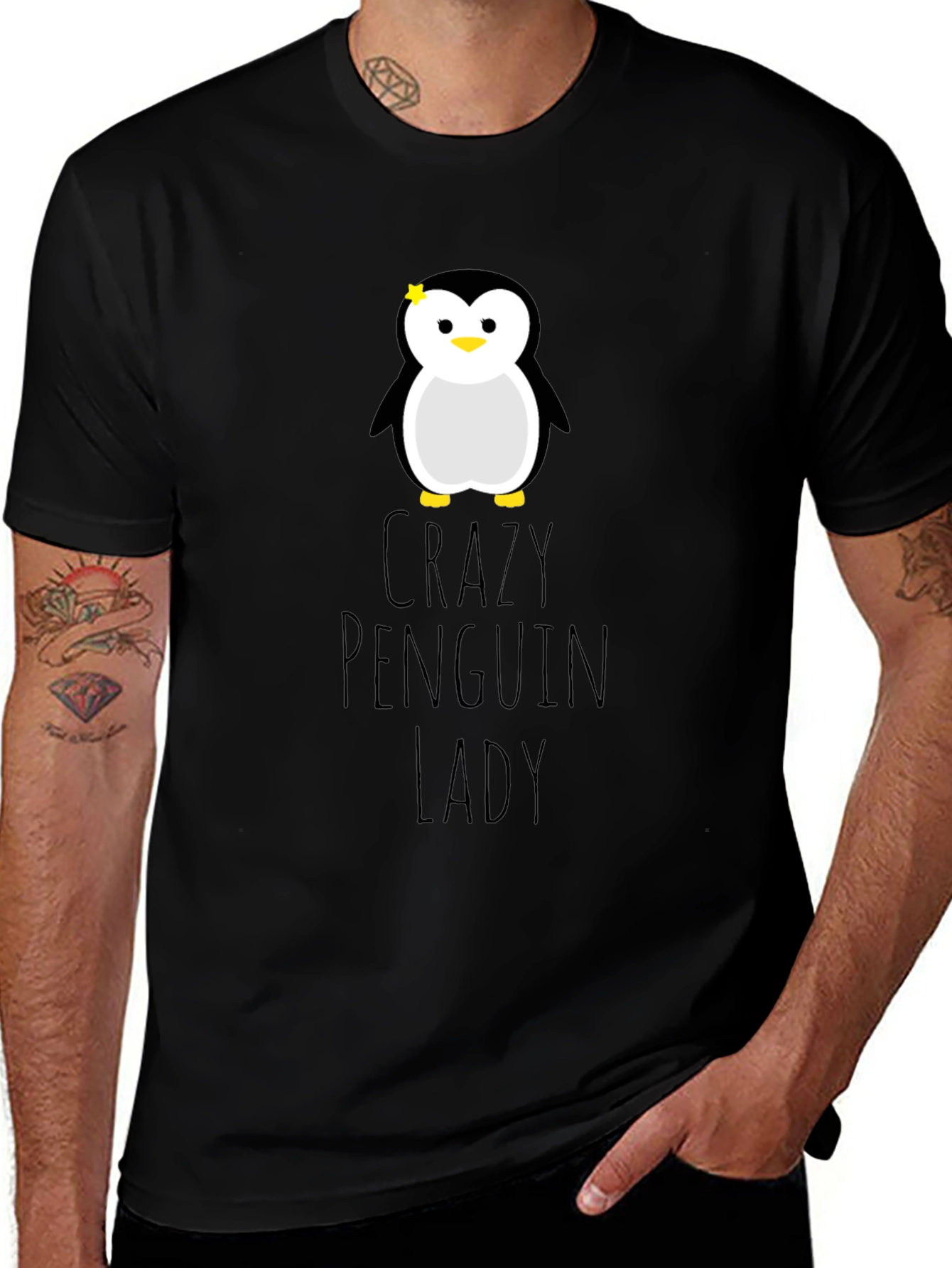 Crazy Penguin Lady Graphic Tee - Unisex Black T-Shirt