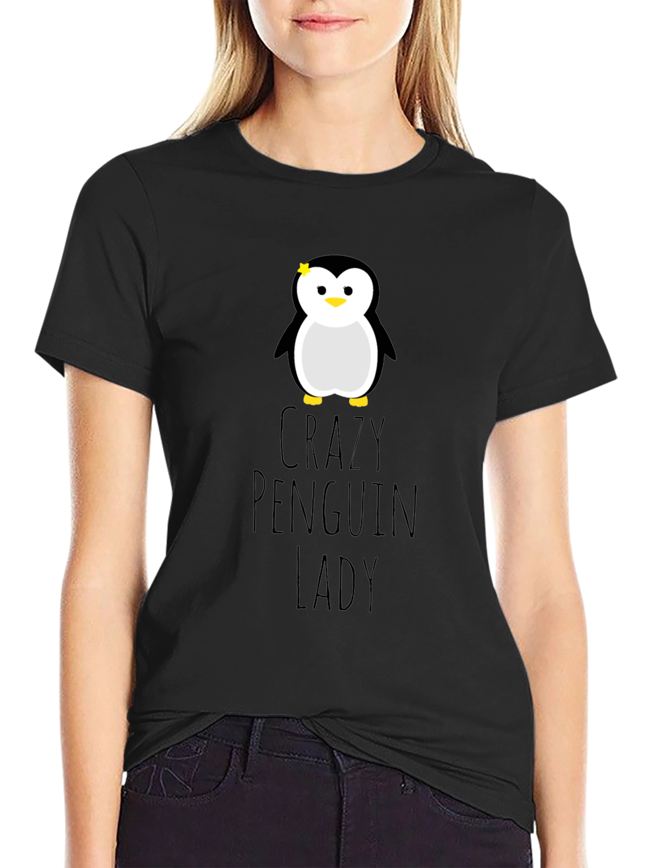 Crazy Penguin Lady Graphic Tee - Unisex Black T-Shirt