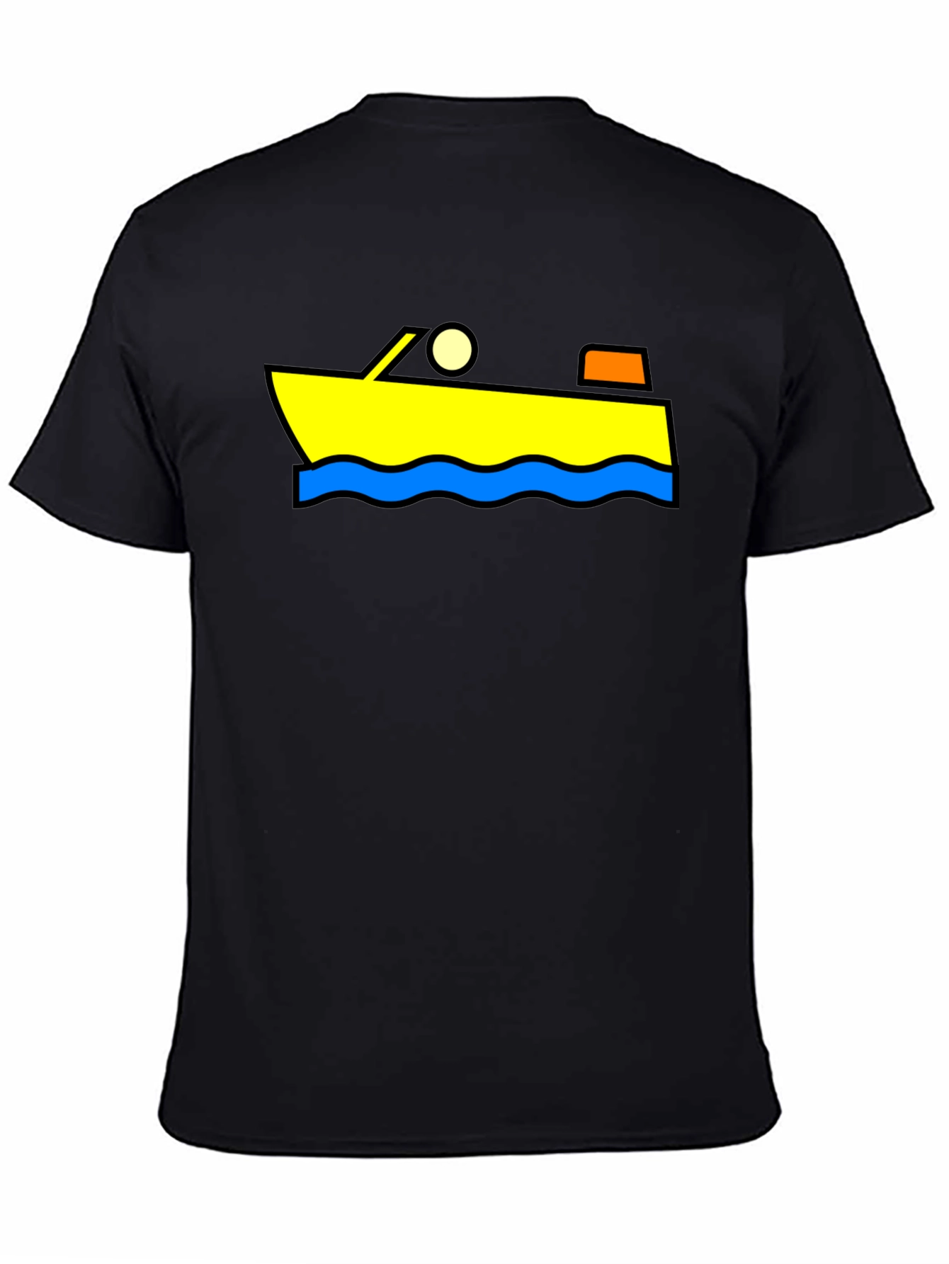 Cartoon Boat Graphic Tee - Black Cotton T-Shirt