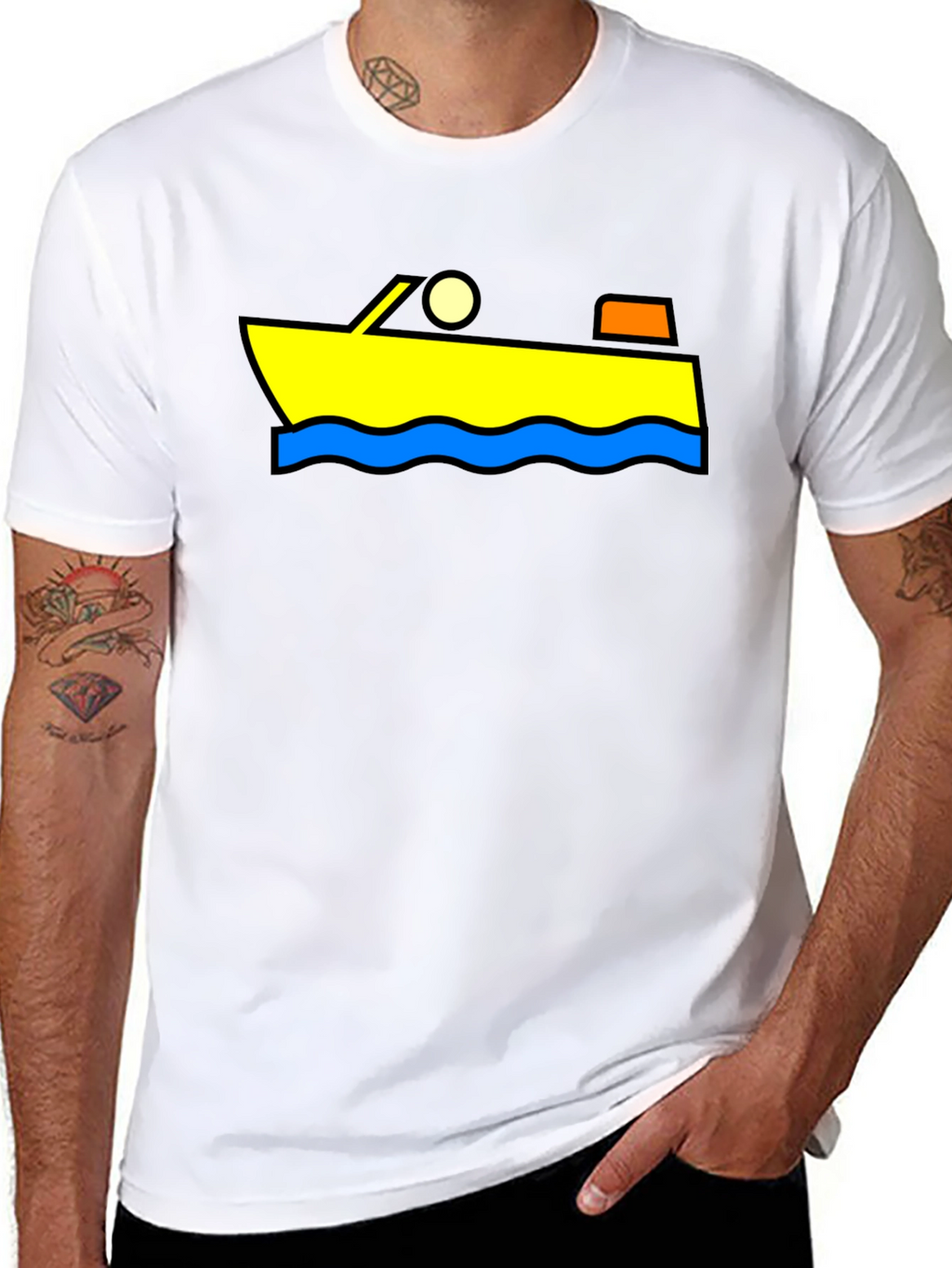 Cartoon Boat Graphic Tee - Black Cotton T-Shirt