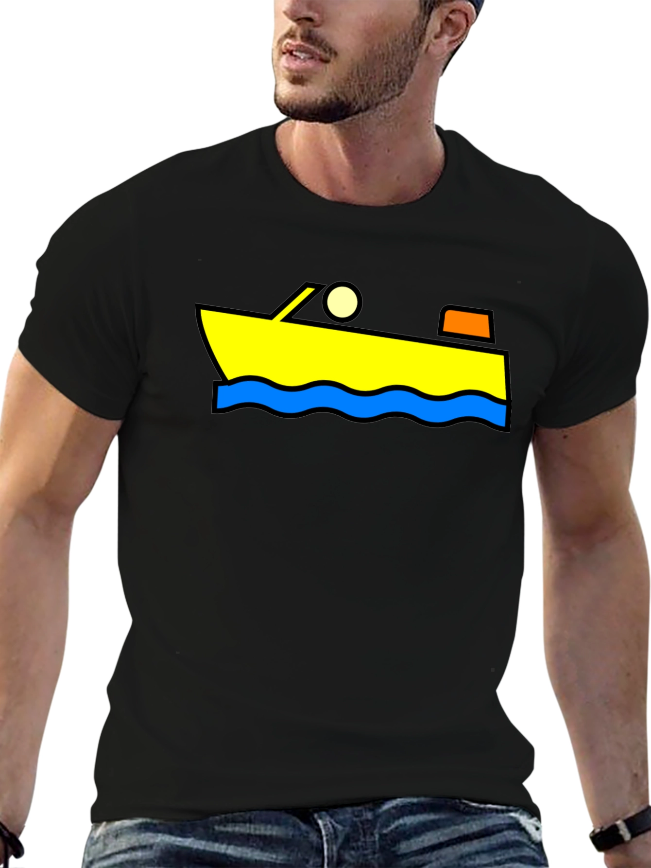 Cartoon Boat Graphic Tee - Black Cotton T-Shirt