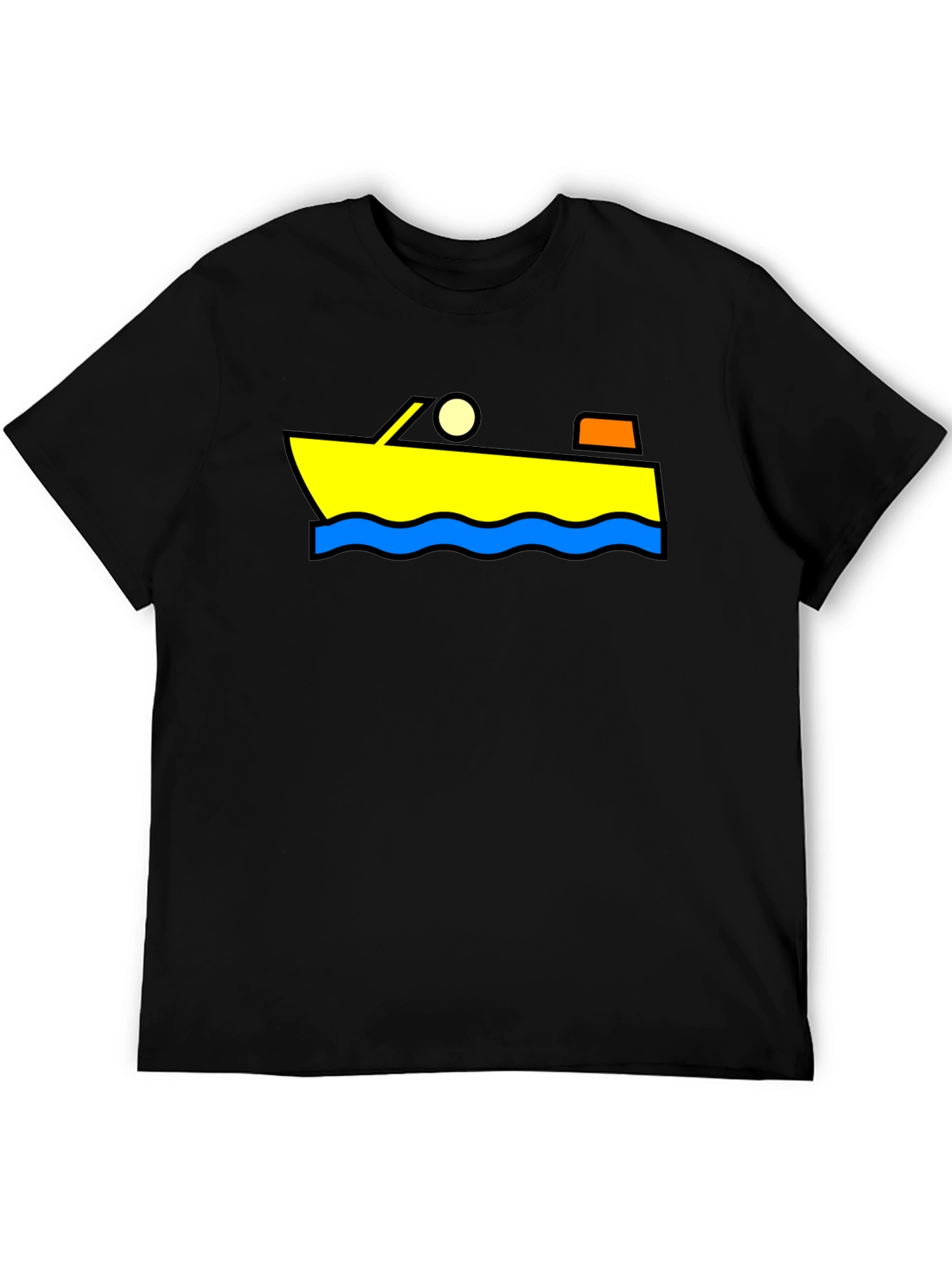 Cartoon Boat Graphic Tee - Black Cotton T-Shirt