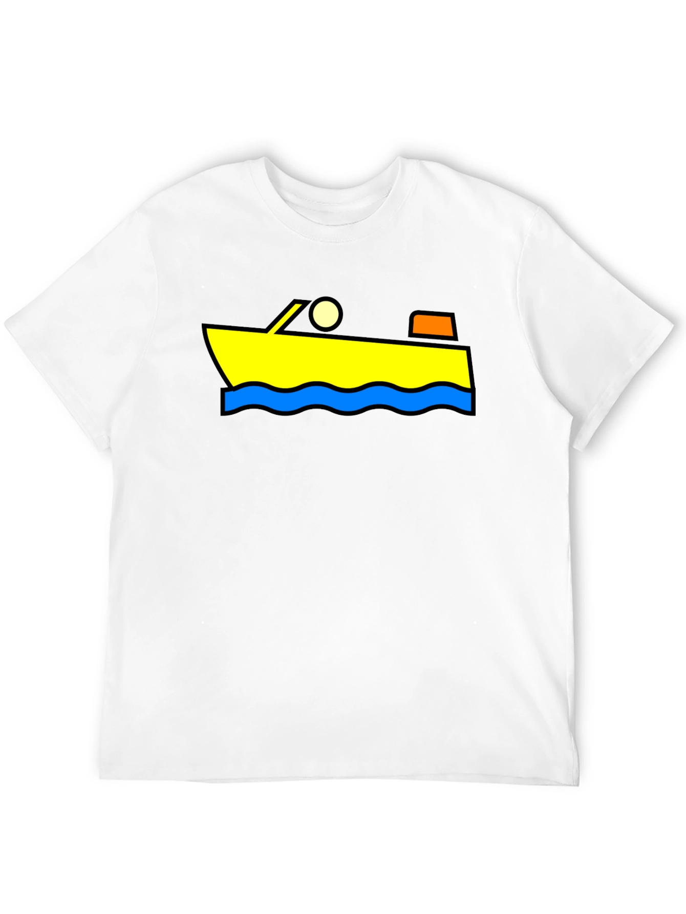 Cartoon Boat Graphic Tee - Black Cotton T-Shirt
