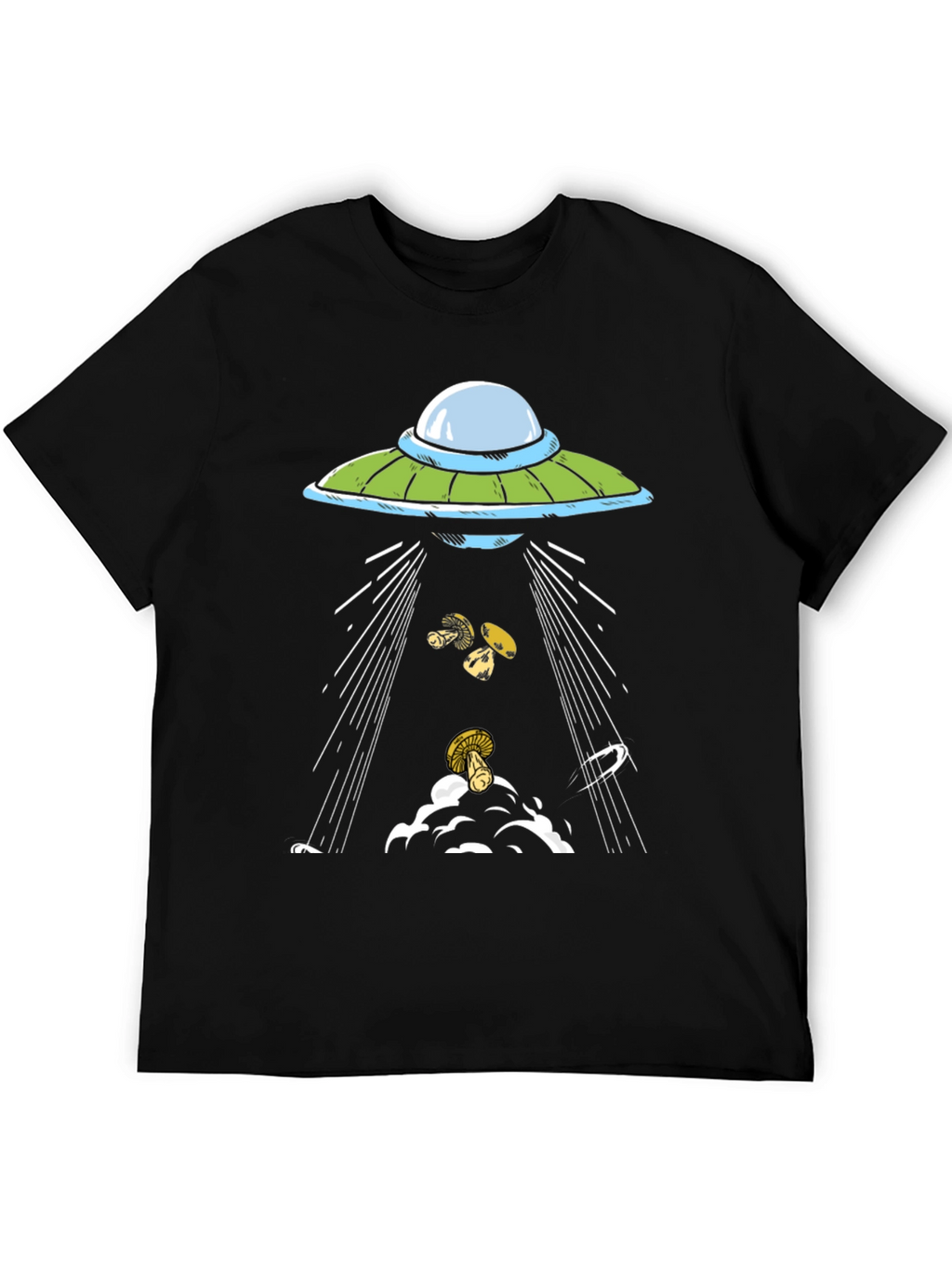 UFO Abduction Mushrooms Black Graphic Tee