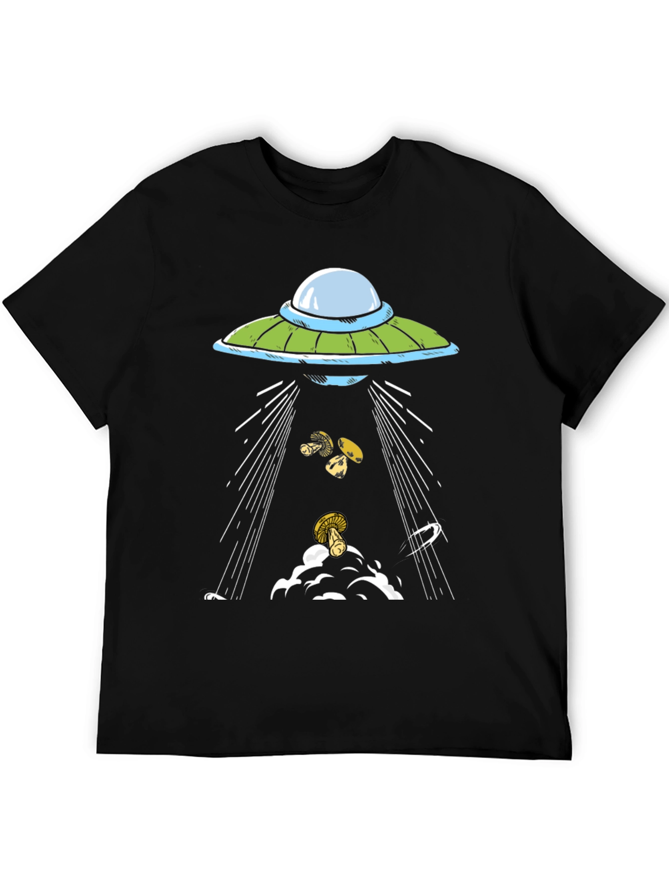 UFO Abduction Mushrooms Black Graphic Tee