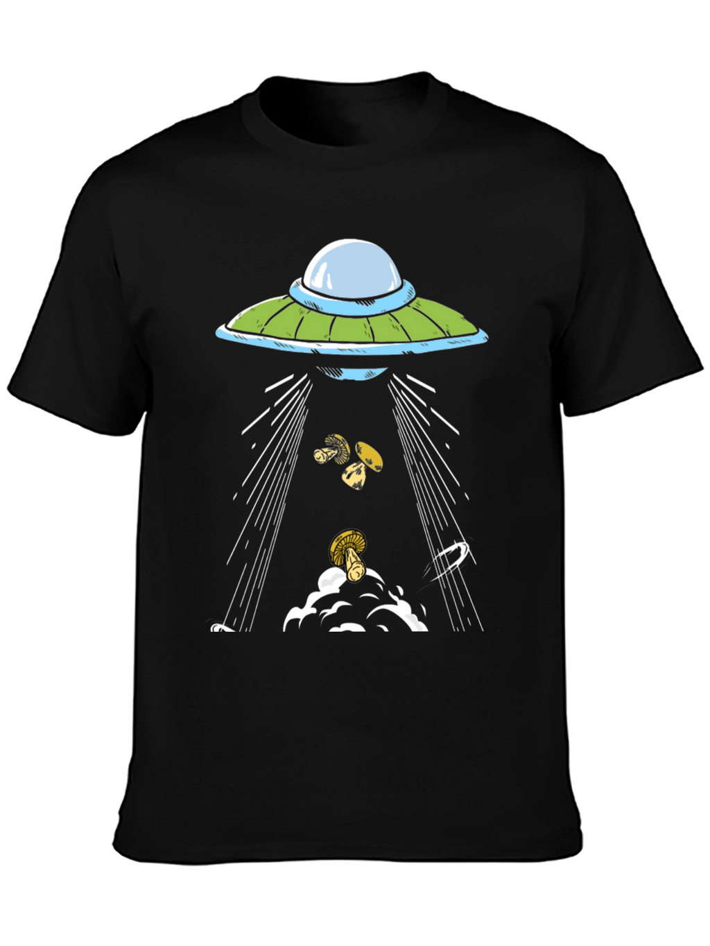 UFO Abduction Mushrooms Black Graphic Tee