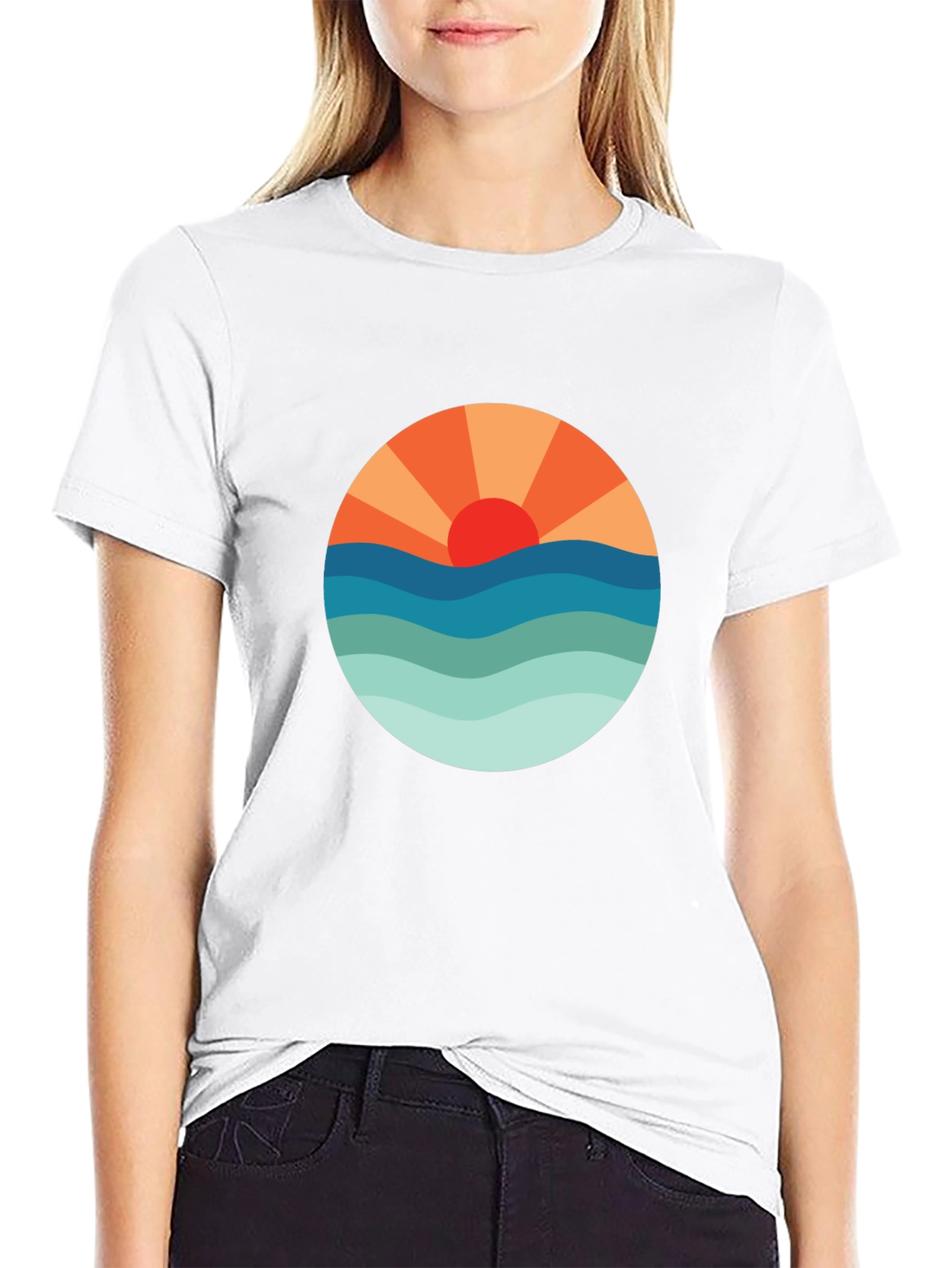 Sunset Waves Graphic Tee - Black Cotton Blend