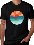 Sunset Waves Graphic Tee - Black Cotton Blend